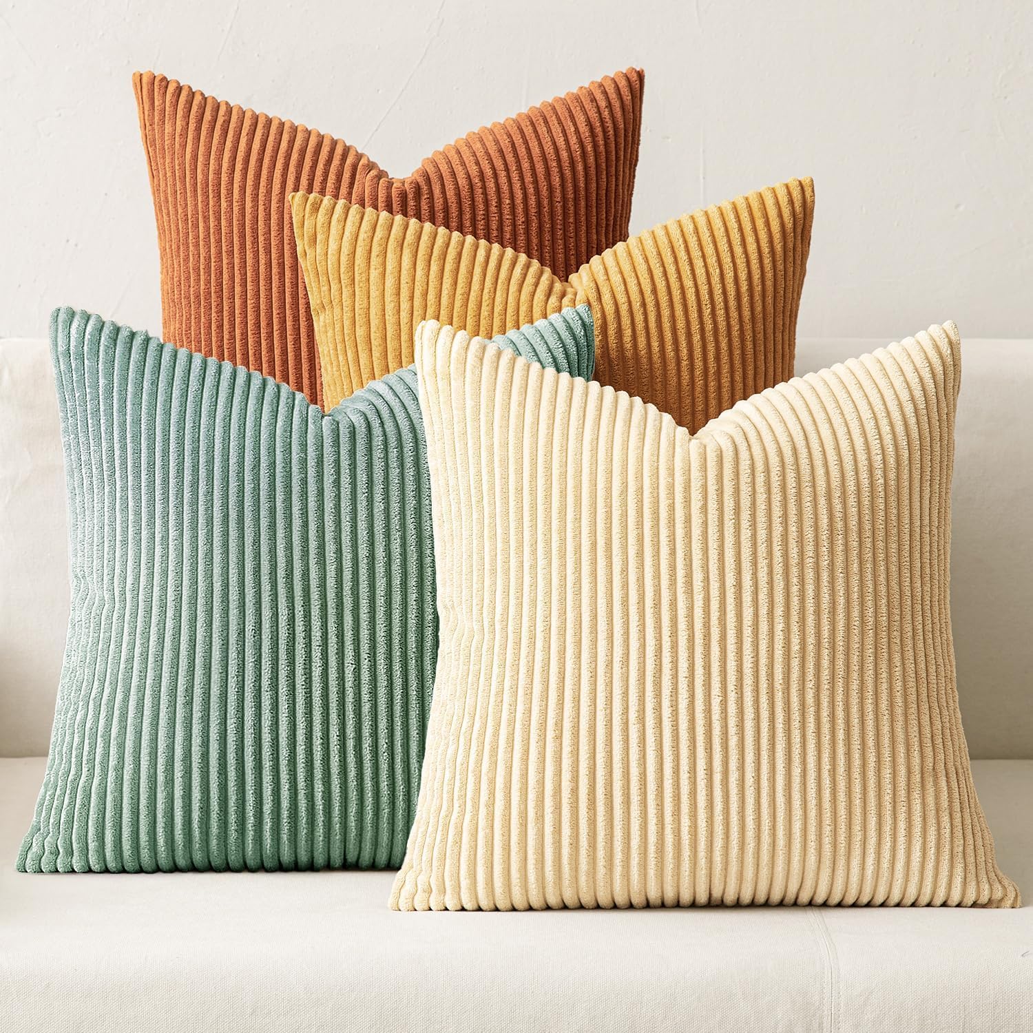 MIULEE Corduroy Cushion Covers Soft Decorative Square Throw Pillow Covers Cushion Soft Pillowcase Striped Pack of four for Home decor Sofa 45cm x 45cm,18x18 Inches Greenish-yellow โ image 1