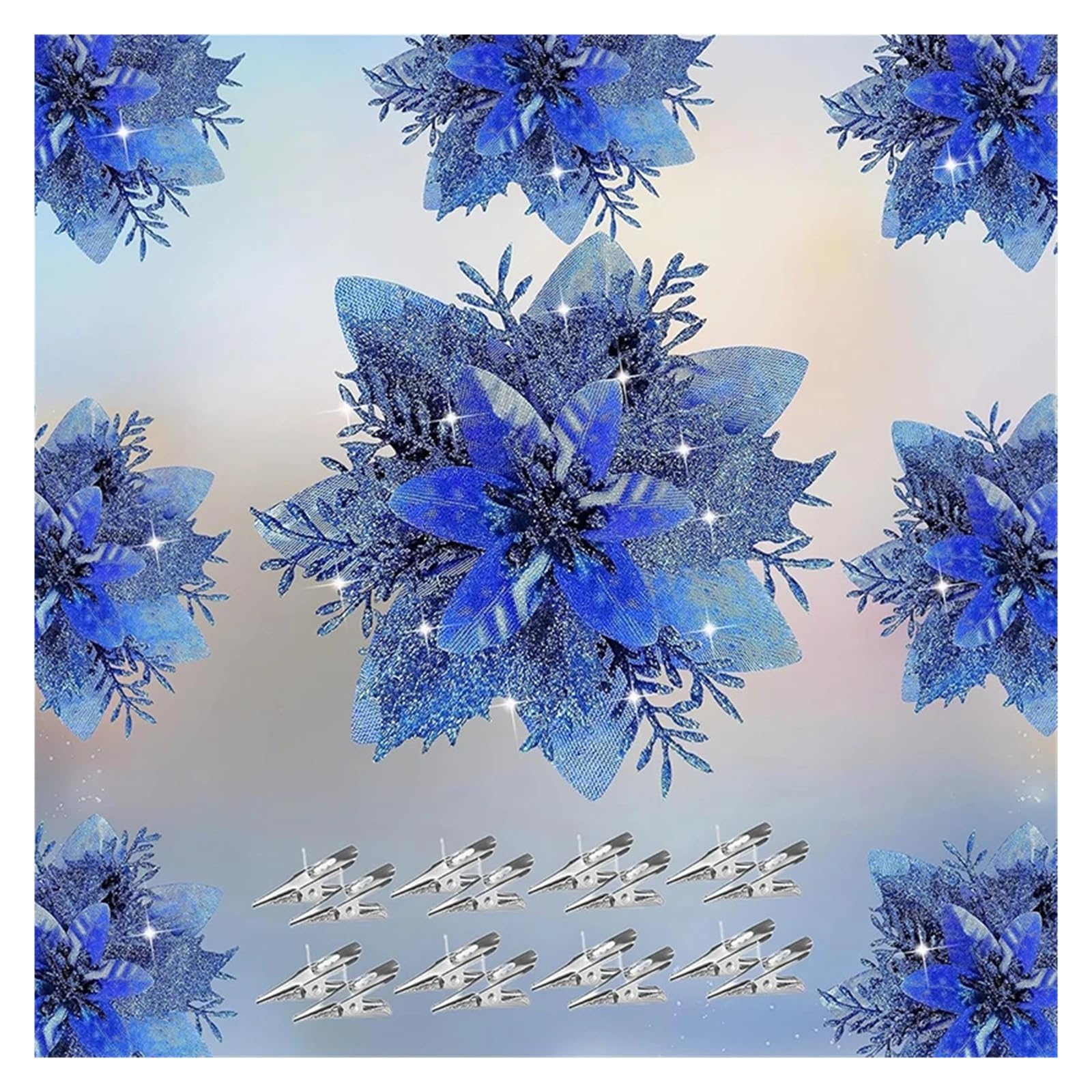 FDBTYJN Fabric Flowers 2/5Pcs 14cm Glitter Artifical Flowers Mreey Tree Decor Happy Year Ornaments Xmas Fake Natal(Blue,5Pcs)