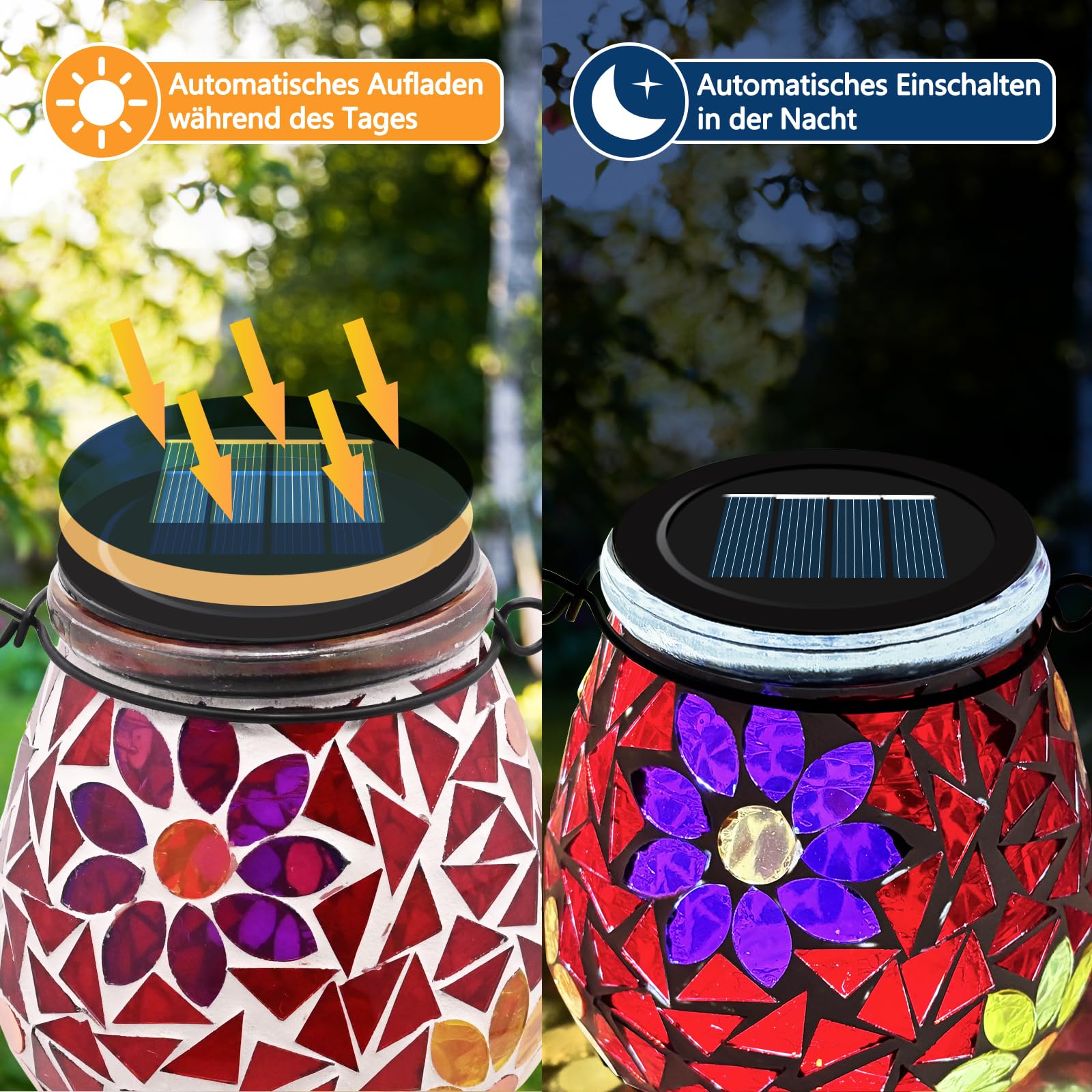 1 lanterna solare a mosaico ovale per esterni, in vetro On/Off, lanterna da tavolo, impermeabile IP65, resistente all'acqua, per prato, vialetto, patio, terra, stagno, fiori,