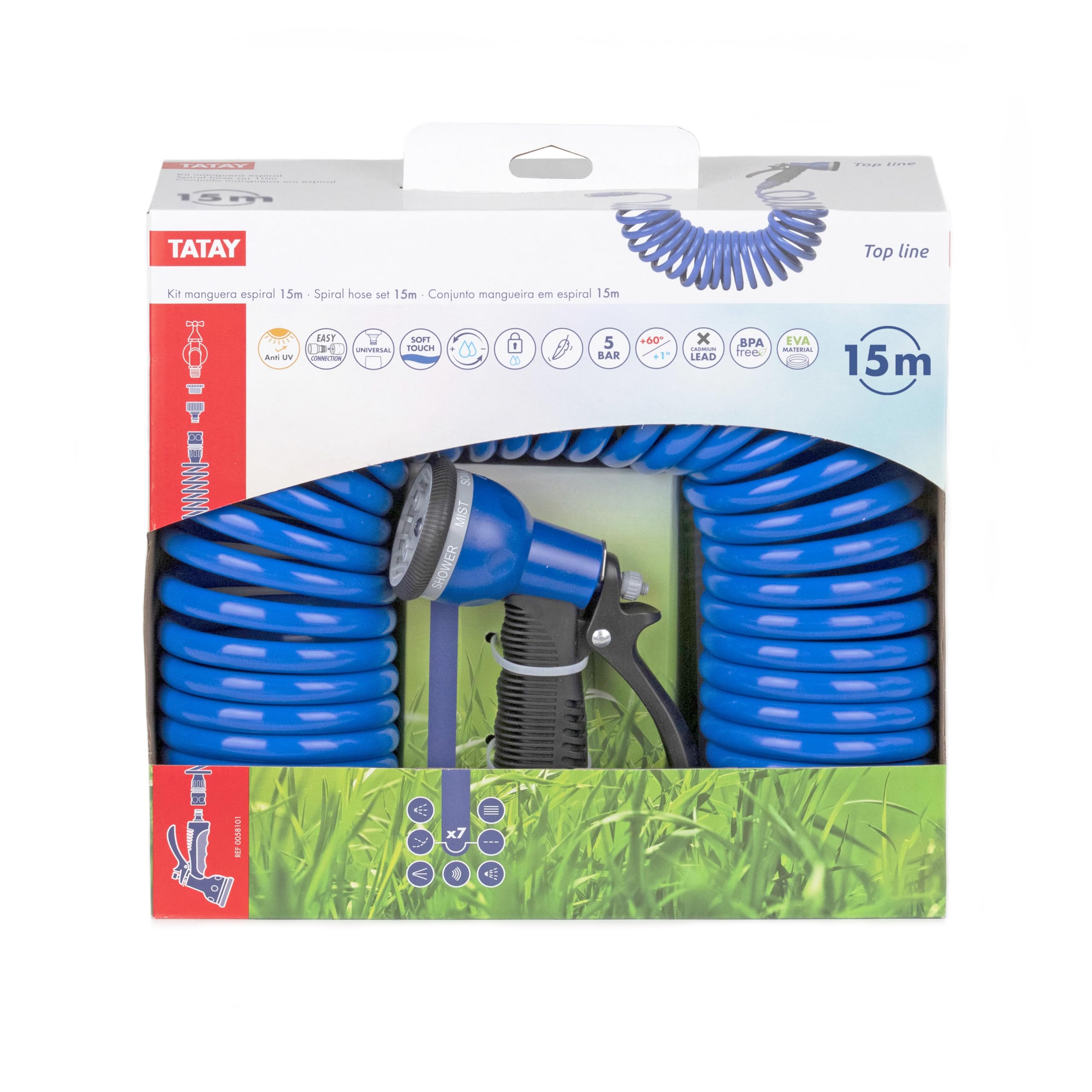 TATAY Kit de tuyau spirale de 15 m avec accessoires en plastique anti-UV, idéal pour terrasses et petits jardins.