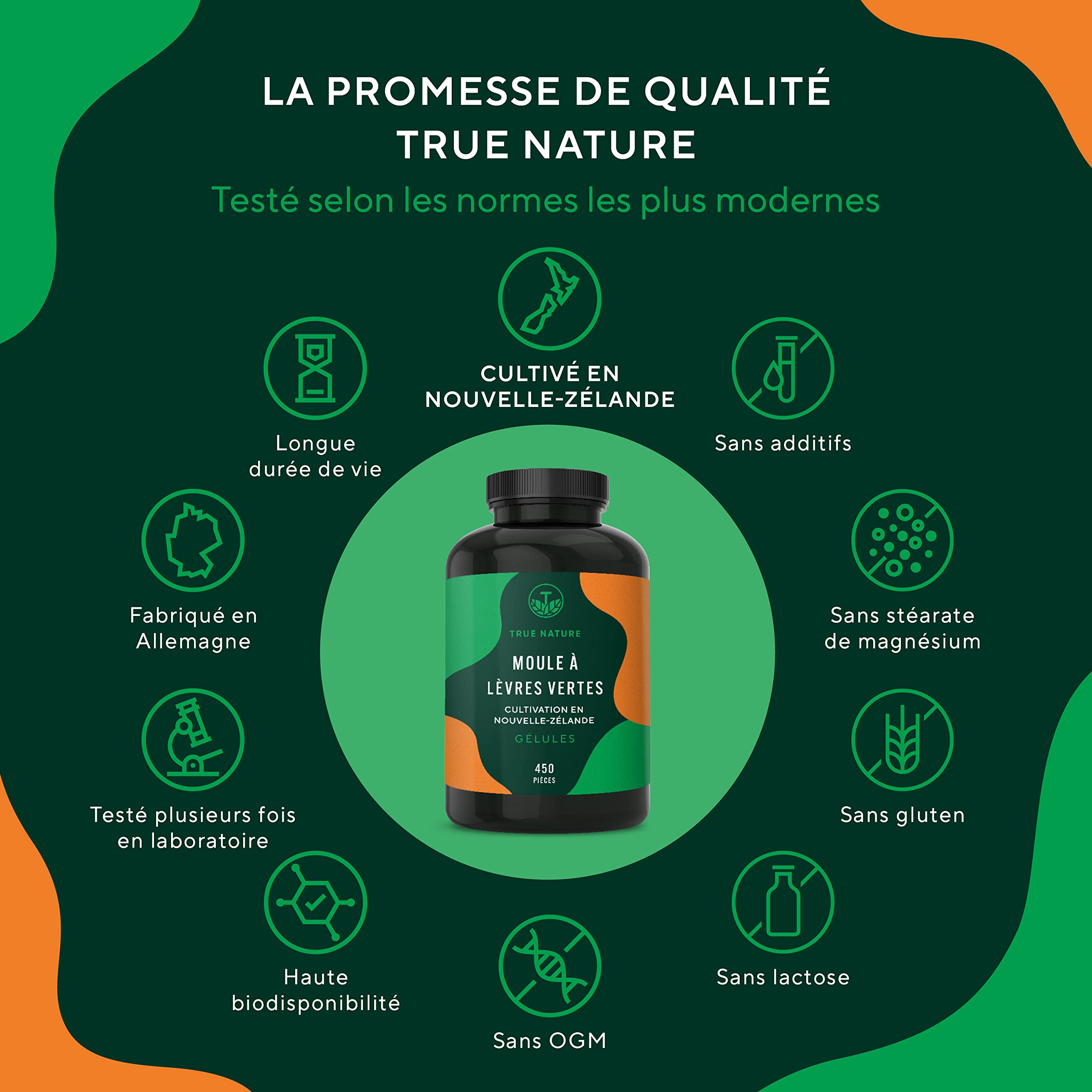 Moule Verte de Nouvelle Zelande - 2.000mg - Articulations & Cartilage Sains, Anti-Inflammatoire - 450 Gélules - Poudre de Moule Verte en capsules - SANS: Additifs, Gluten & Lactose - TRUE NATURE