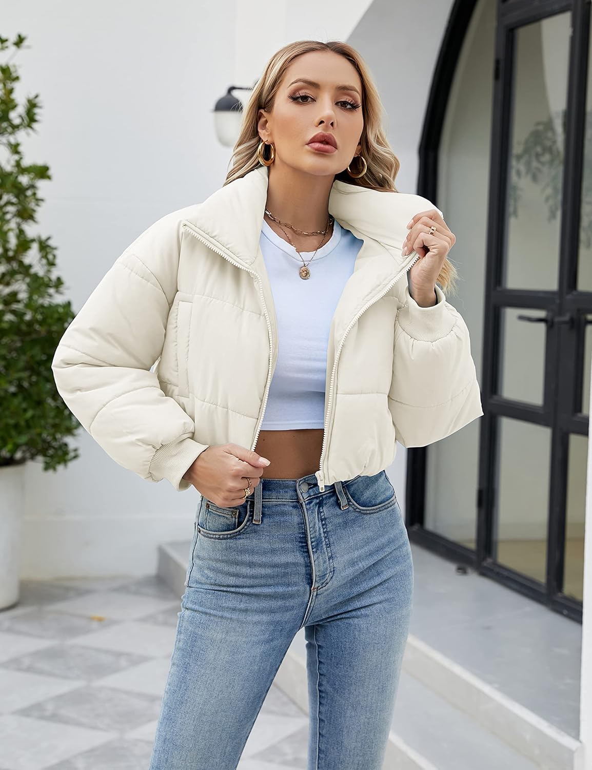 Lumister Womens Lightweight Quilted Jacket Long Sleeve Stand Collar Zipper Cropped Puffer Jacket Coat - Image 3