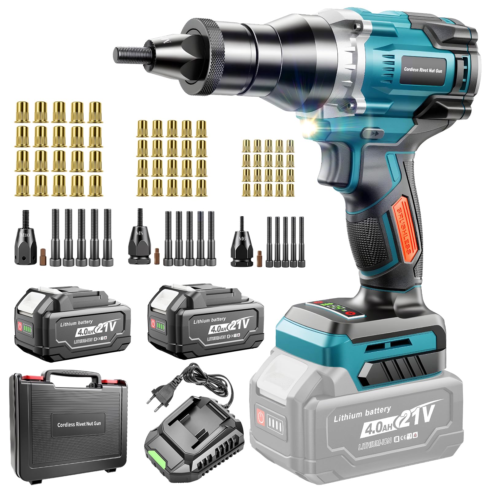 Yofuly Pince à Riveter Sans Fil Compatible avec Makita 18V Batterie, Riveteuse Electrique avec 2 Batteries de 4.0Ah | Mode Automatique, avec M6/M8/M10 Ecrous à Riveter pour Travail Métaux