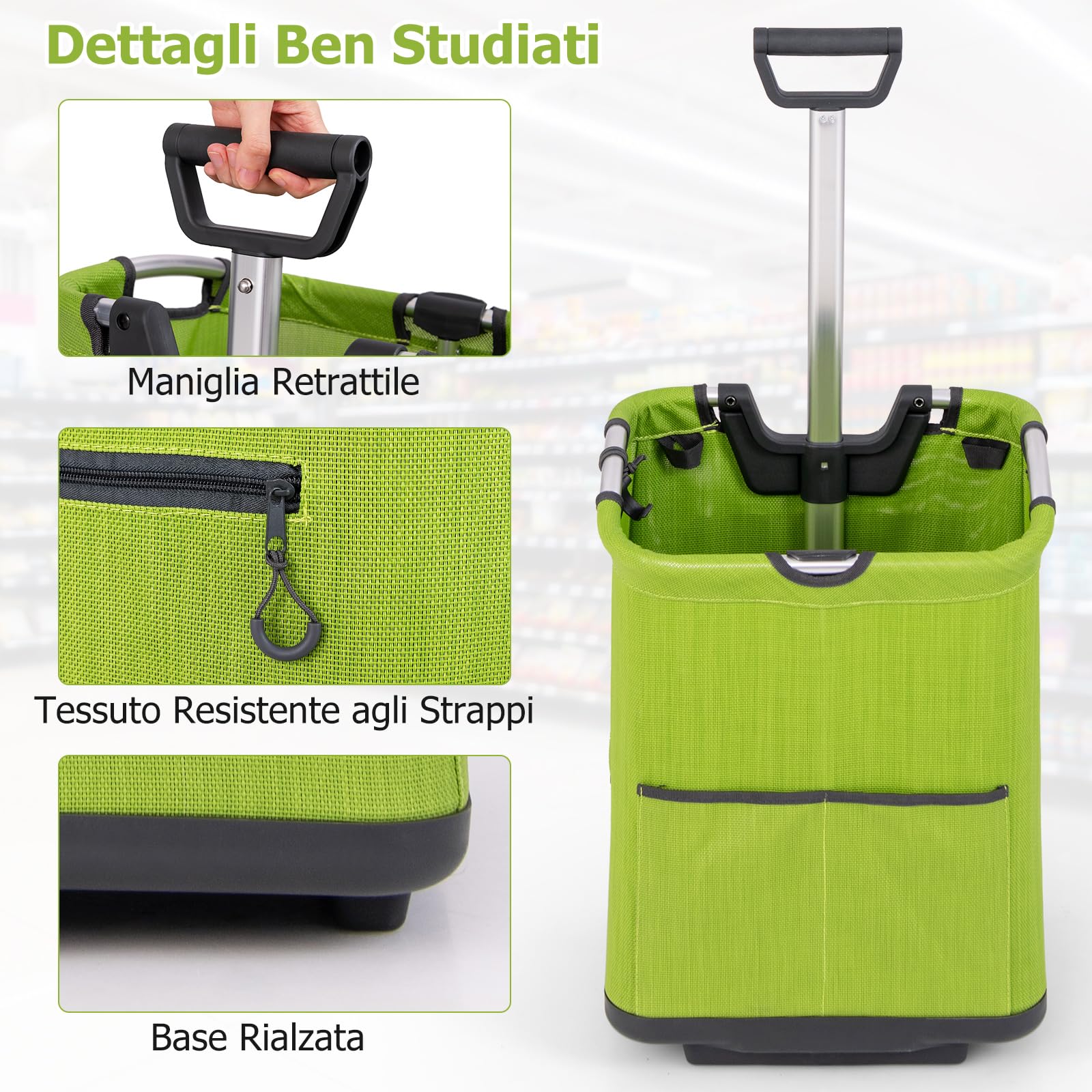 COSTWAY Carrello Spesa Pieghevole in Alluminio, Trolley Spesa con Ruote, Tasche Multiple e Manico Telescopico Regolabile, Capacità 50L, Caricabile fino a 35 kg (Verde)