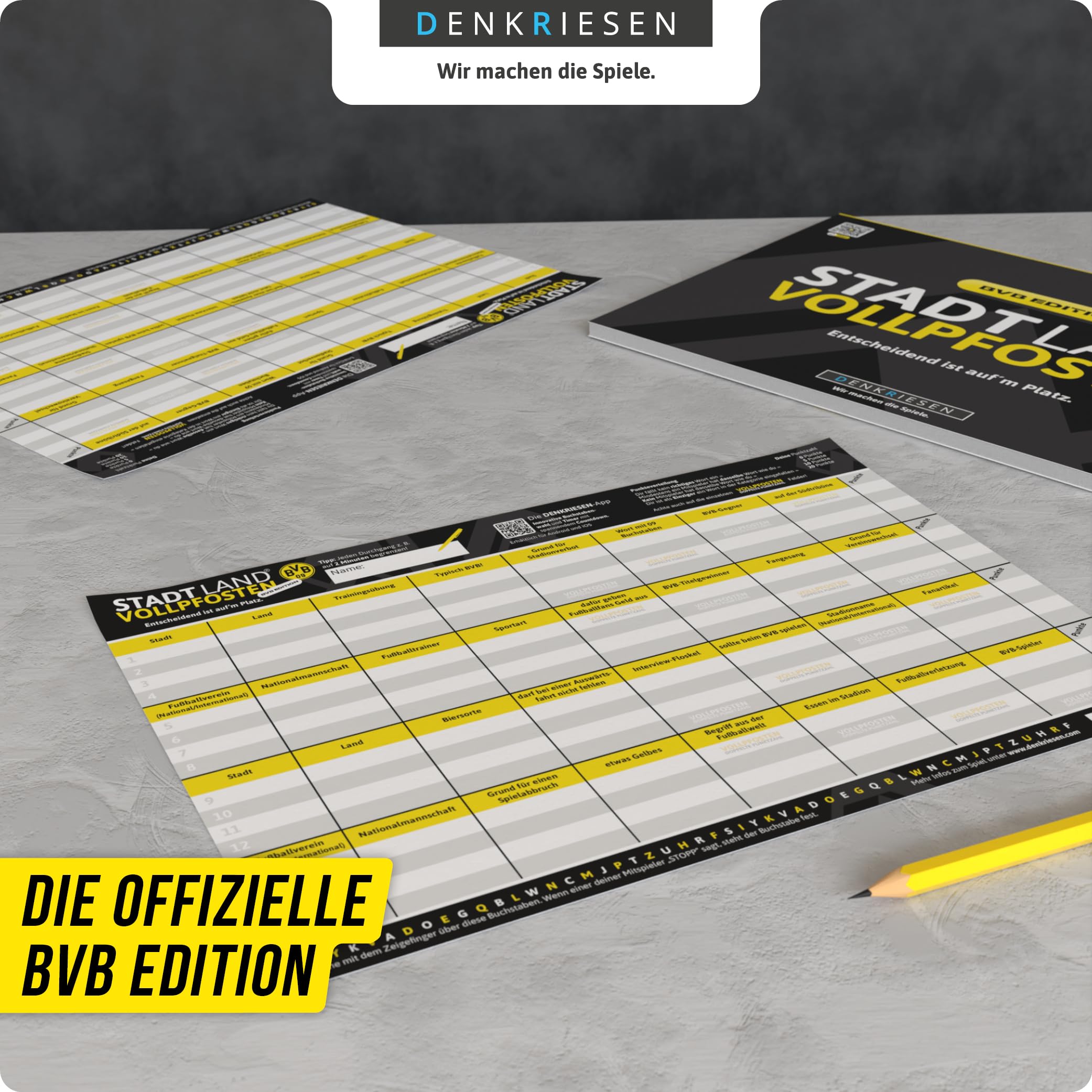 DENKRIESEN A4 Game Pad - Stadt Land VOLLPFOSTEN® BVB Edition - From 9 years - Includes 28 categories, Black, Medium - Image 3