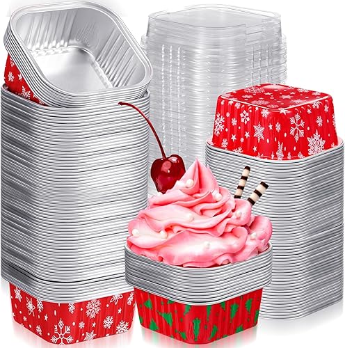 Suttmin 200 tazas de papel de aluminio de Navidad para hornear cupcakes, tazas de postre de 5 onzas con tapas, contenedores cuadrados desechables de disponible en Yaxa Peru
