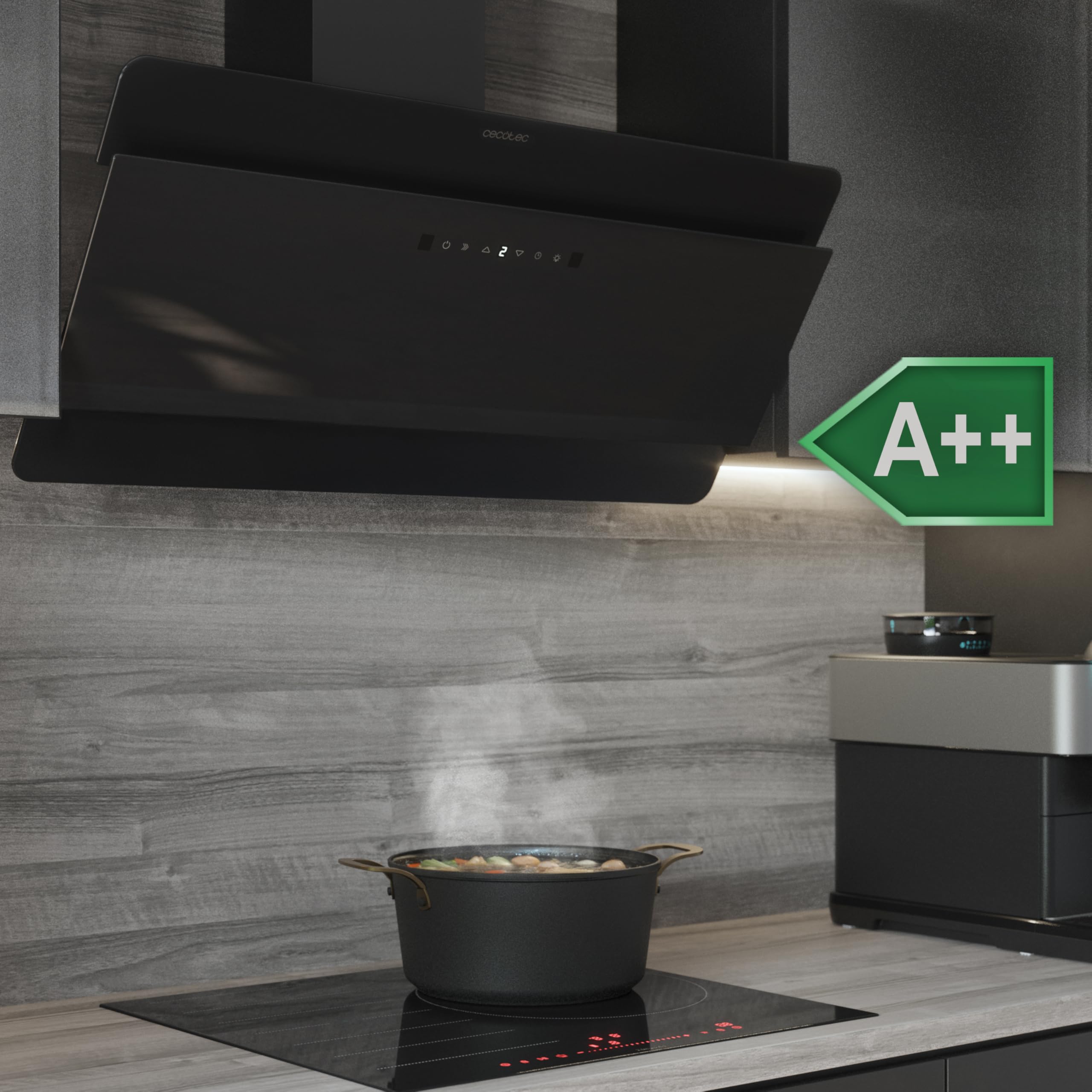 Cecotec Hotte aspirante Bolero Flux DT 908000 Glass Black A++ 90 cm, façade en verre noir, 800m3/h, 210W, A++, éclairage LED, contrôle tactile, 3 niveaux + Booster, filtre charbon.