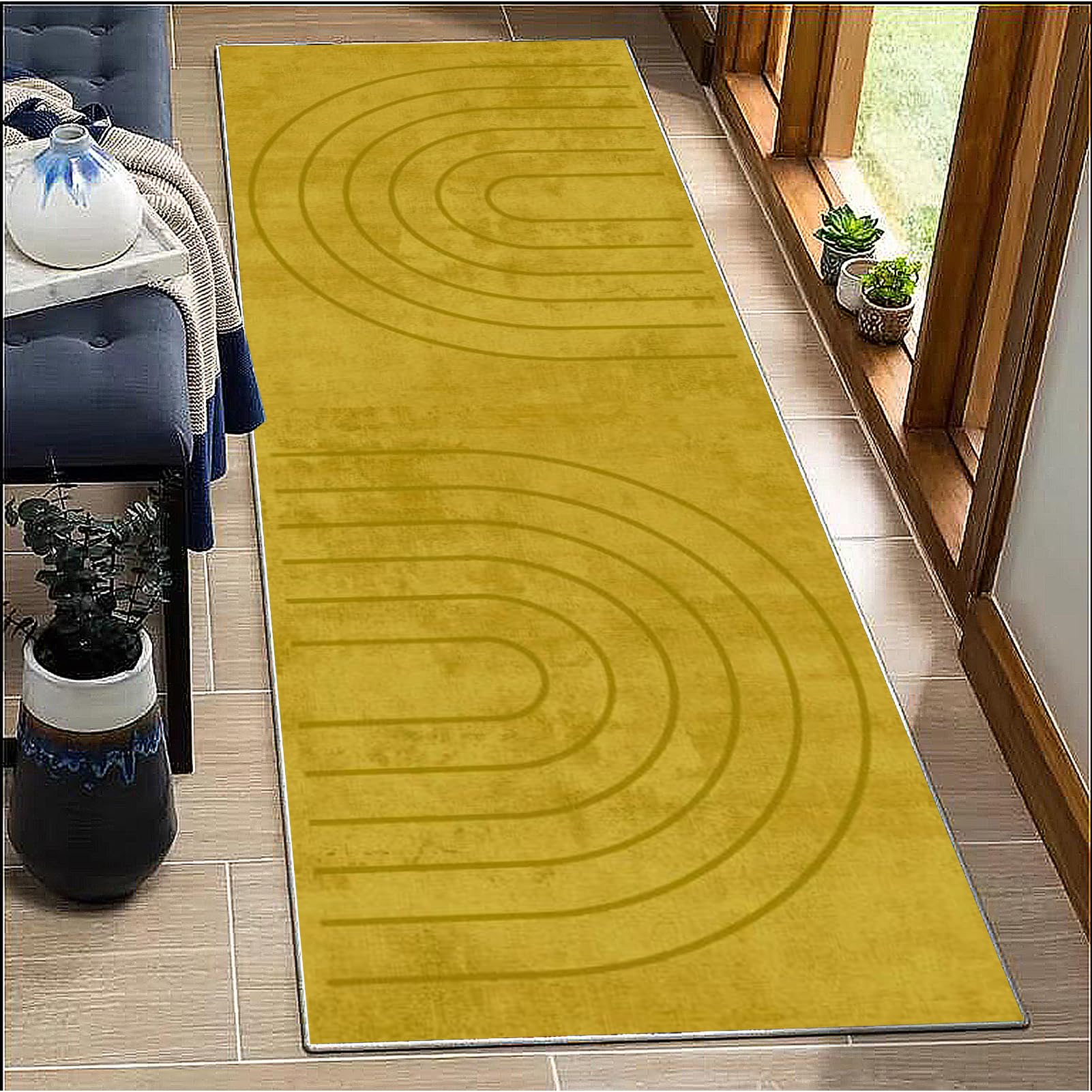 BORKOY Yellow Modern Hallway Rug Extra Long 120x170cm Non-Slip Runner Rug for Entryway & Kitchen Washable Carpet Heavy Duty Floor Mat for Corridor Living Room Bedroom, Laundry Indoor Abstract Design