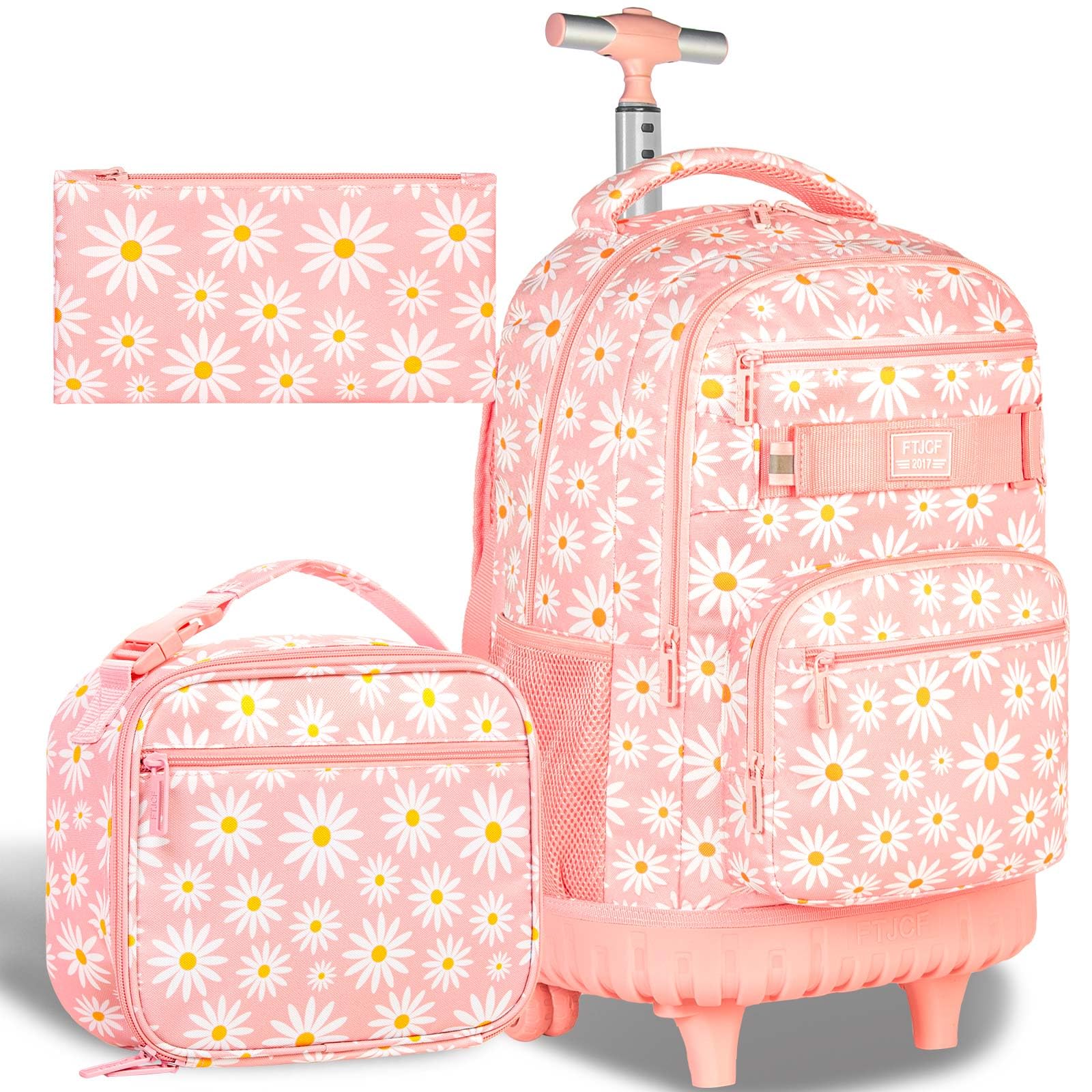AGSDON Rolling Backpack for Girls Women Roller Wheels Bookbag Laptop Daisy Wheeled School Bag with Wheels for Teens