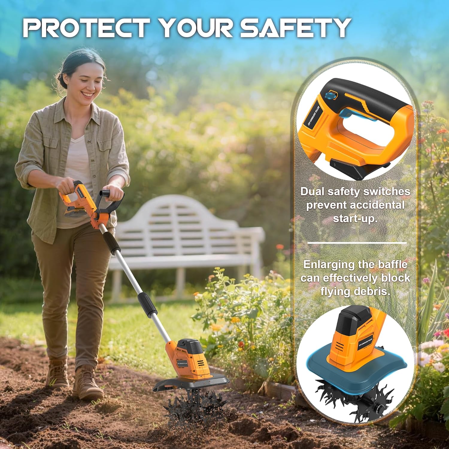 Cordless Tiller Cultivator (No Battery) Compatible with Dewalt 20V Max Battery, 9In Tilling Width & 6.3In Depth Tiller for Gardening, Loose Soil, Weeding, Trenchig