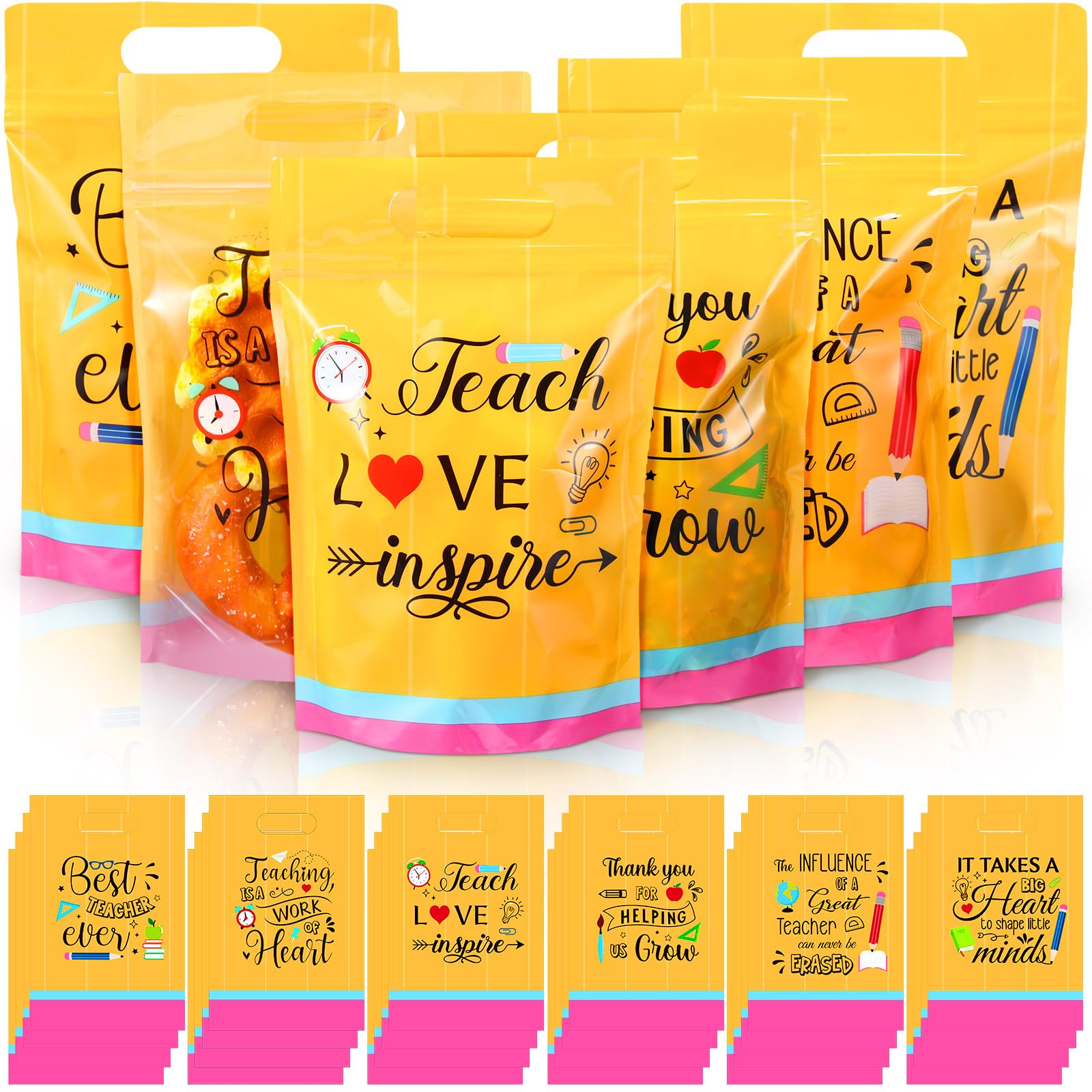 Kosiz 60 Pcs Teacher Appreciation Gift Bags with Handles Plastic Pencil Printed Candy Sealing Pouch Bulk Thank You Handbags Gifts for Teachers