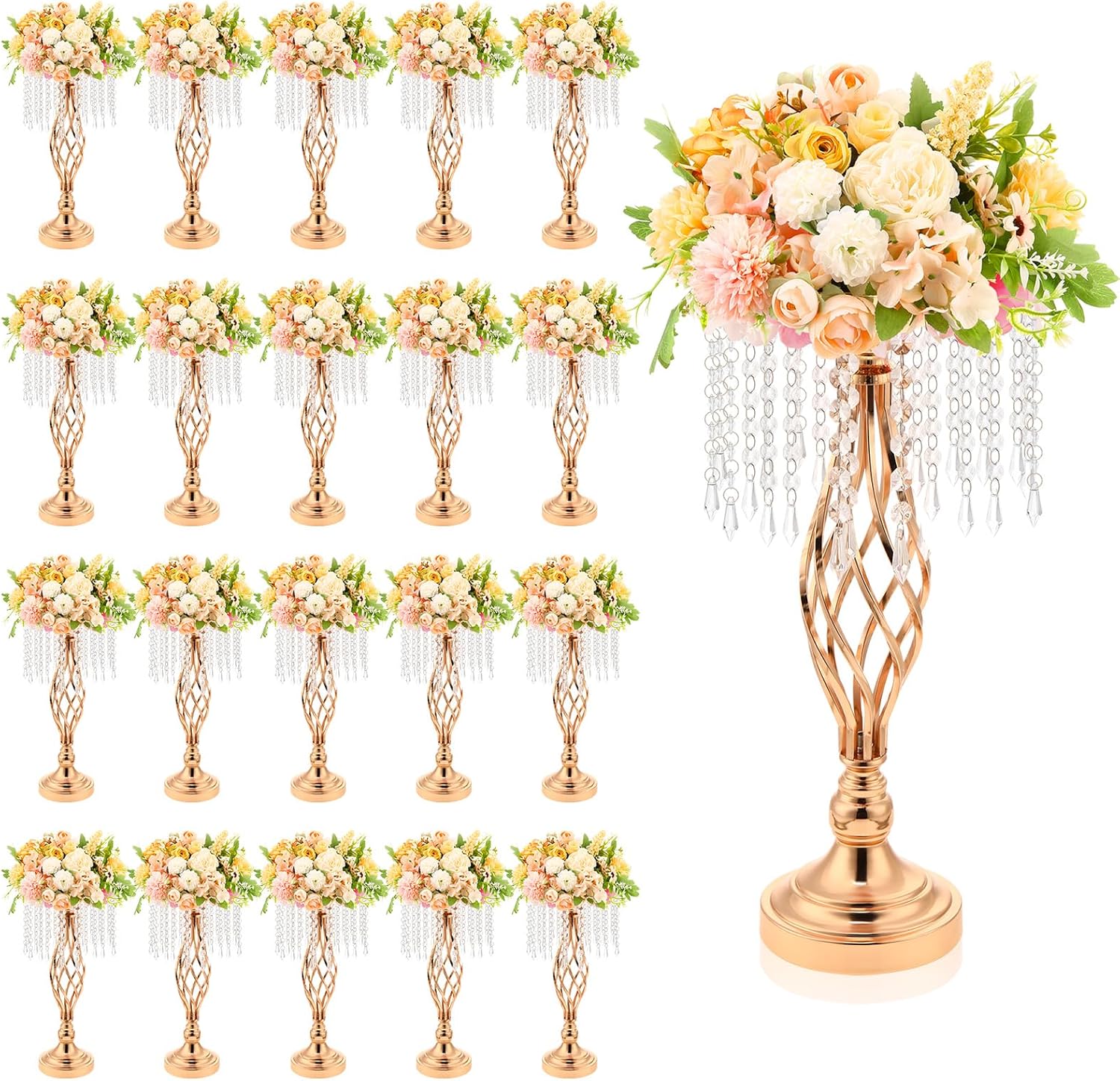 Wesiti 20 Pcs Crystal Gold Flower Stand Elegant Metal Flower Arrangement Stand with Chandelier Crystals 17.7" Tall Gold Vase for Centerpieces Wedding Reception Hotel Favor