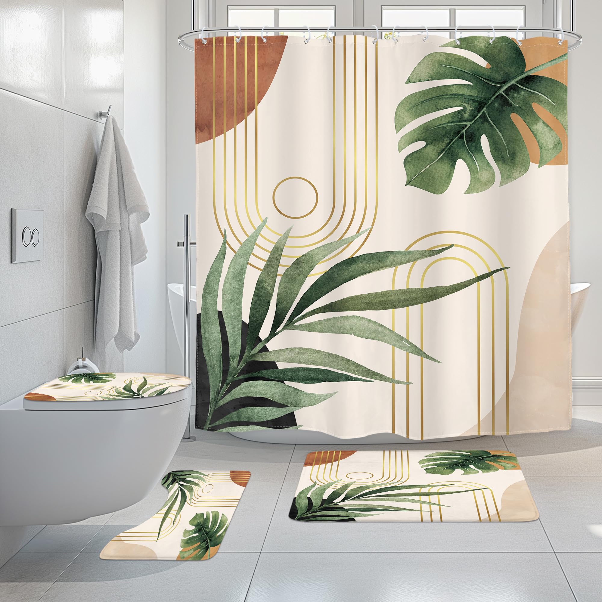 Glawry 4Pcs Boho Shower Curtain Sets 72Wx72L, Non-Slip Rugs, Toilet Lid Cover and U-Shaped Mat, Abstract Green Bathroom Sets with Rugs Shower