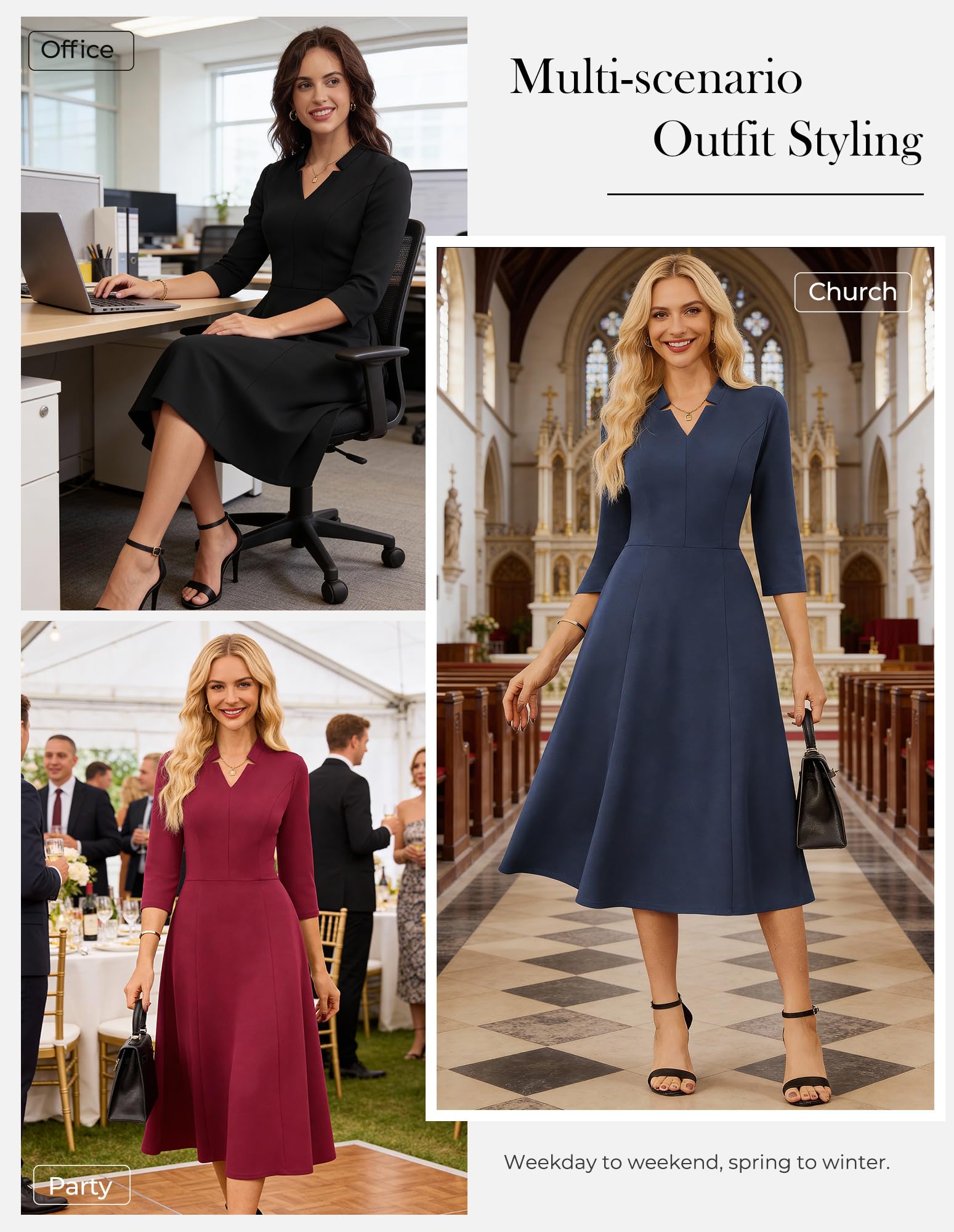 GRACE KARIN Arbeitskleider für Damen 2025, Midi-Business-Kleid, 3/4-Ärmel, klassische Passform und ausgestelltes Kleid mit Tasche
