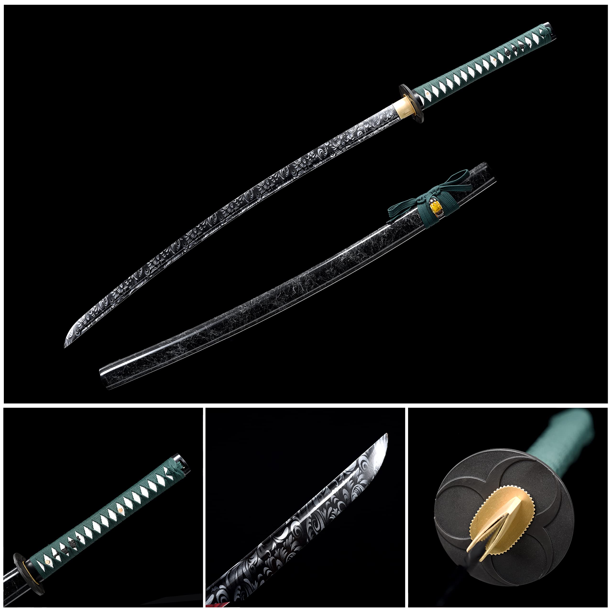 Ryujin 1045 Carbon Steel Graphic Blade Series Samurai Sword (Green Handle w/Black Gray Blade)