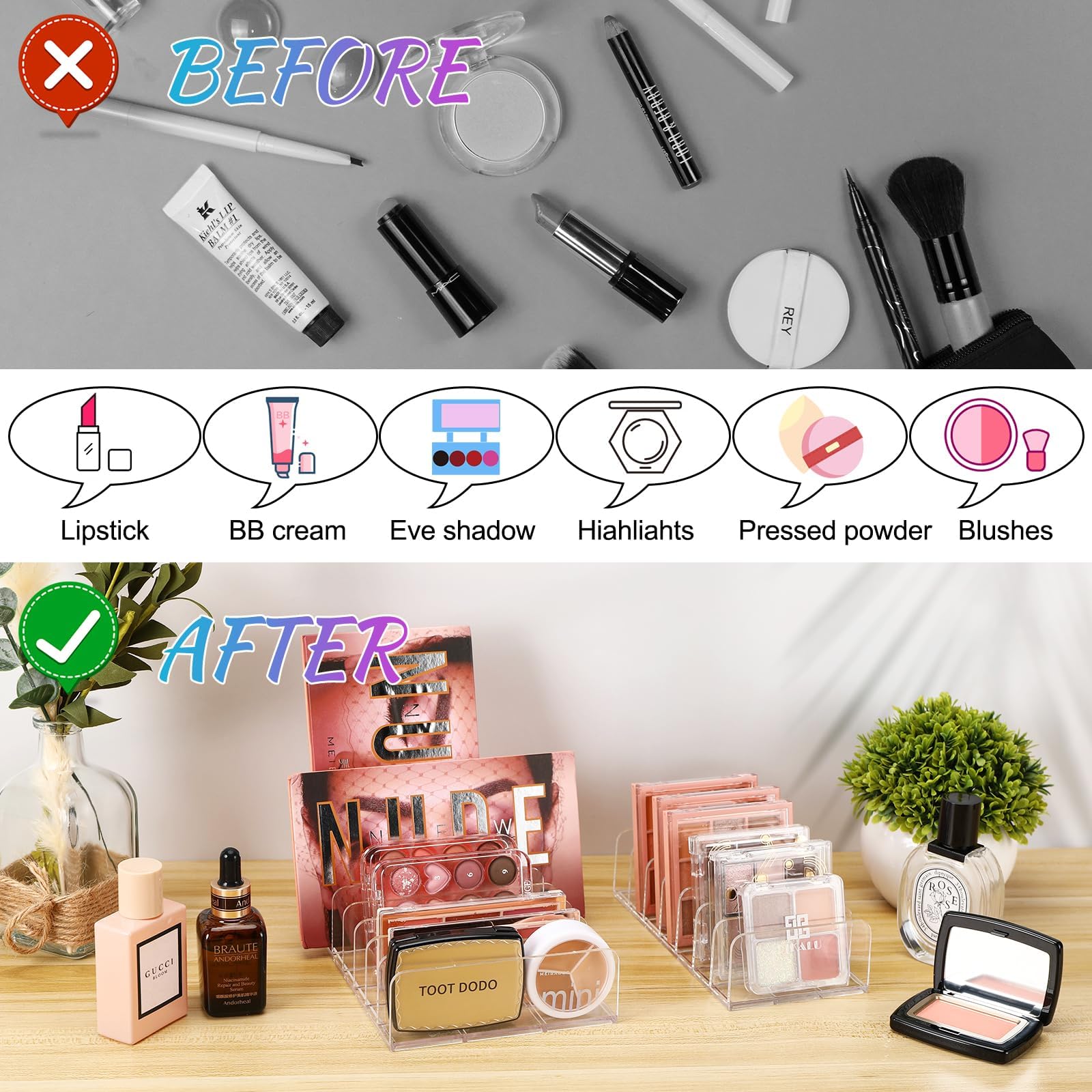 Eyeshadow Makeup Organizer,2 Pack Transparent and Separable 7-Section Divided Plastic for Makeup Organizer Grid Makeup Eyeshadow Lipstick Desktop Cosmetics Rack Eyeshadow Makeup Storage Organiser - Image 3