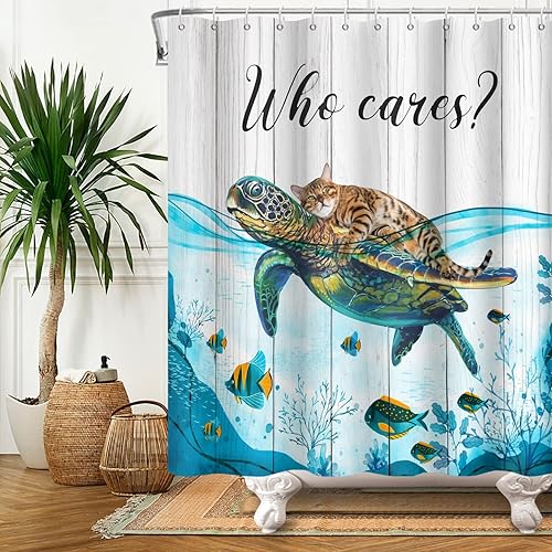 Miniatura 6 de Divertida cortina de ducha con diseño de gato para niños lindo gato sentado con tortuga cortina de ducha de madera juego de cortina de ducha de tela
