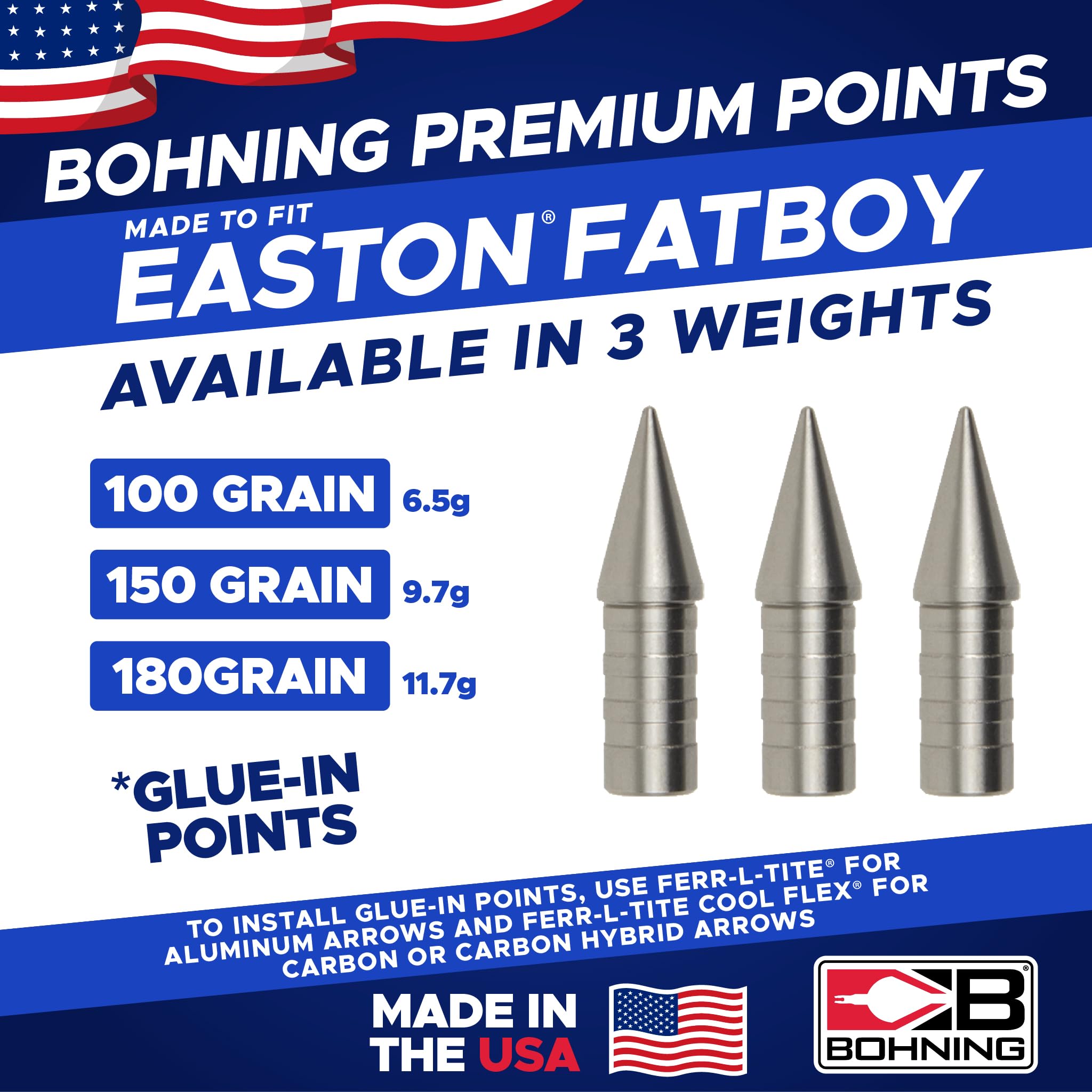 Bohning Match Grade Glue-in Points for Easton ® Fatboy, 100 Grain, 12pk