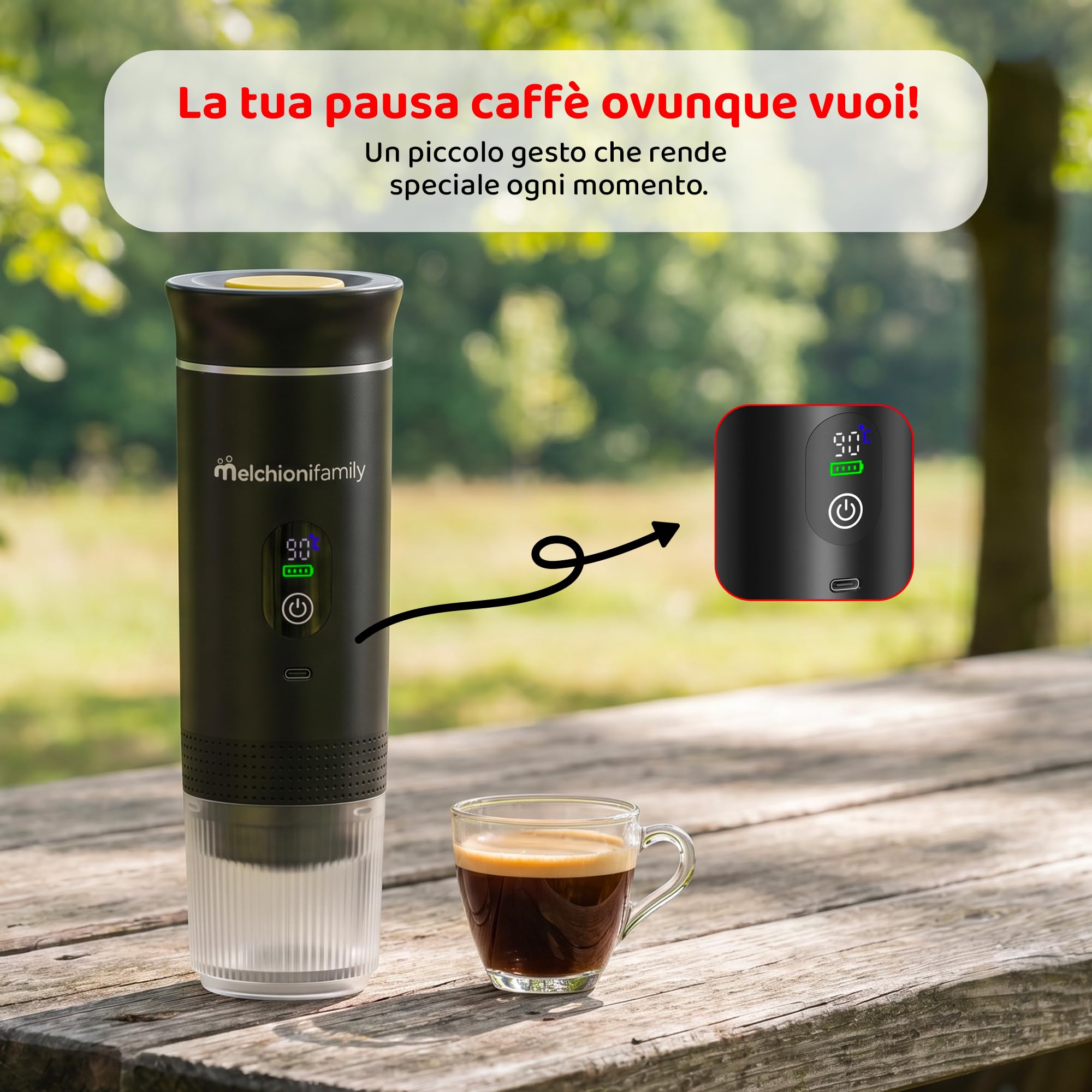Melchioni Caffè Go - Macchina Caffè Portatile 3 in 1 - Batteria Ricaricabile USB-C - Compatibile con Capsule Nespresso - Compatibile con Capsule Dolce Gusto - Compatibile con Caffè Macinato - Pompa 20