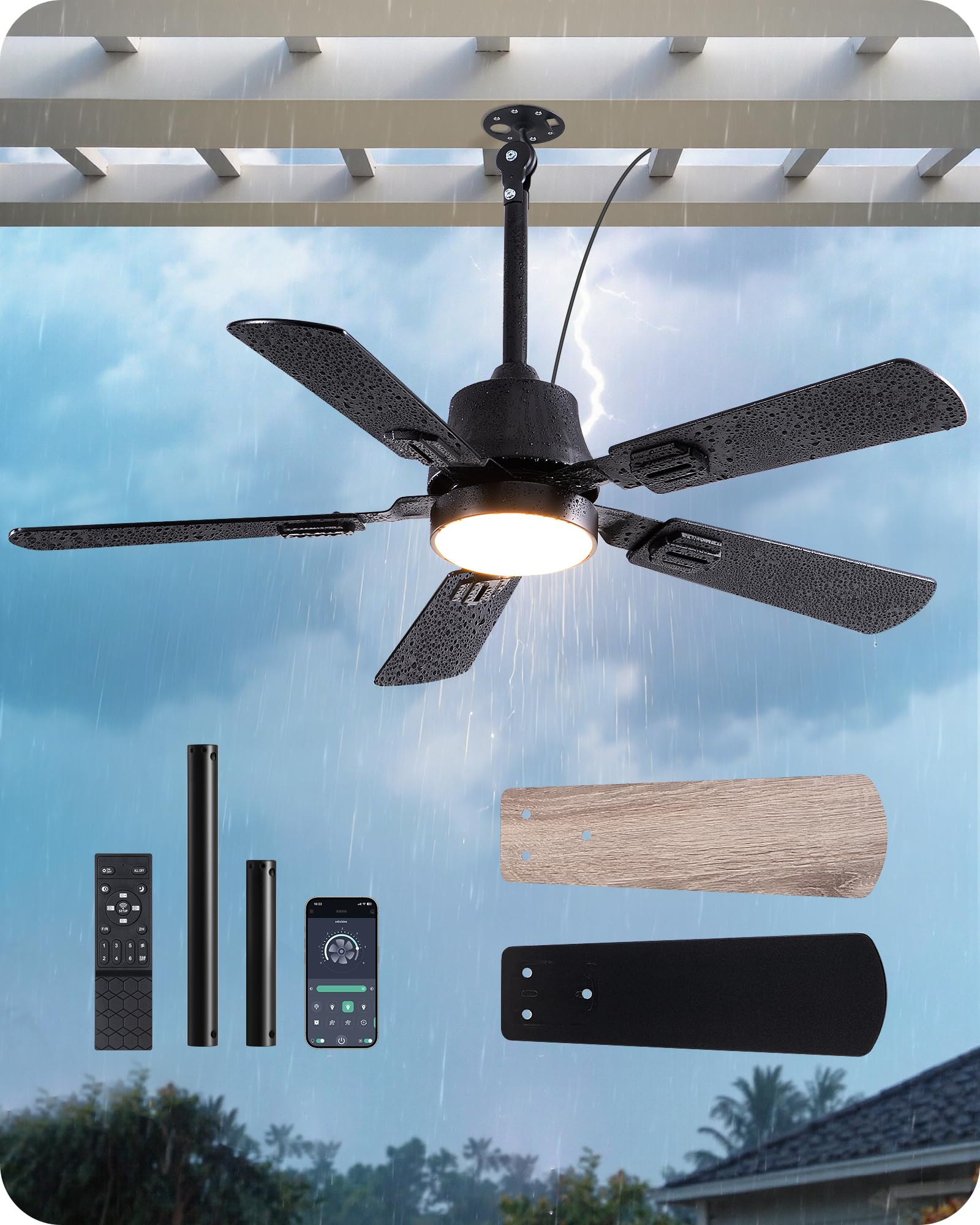 Photo 1 of EDISHINE 42" Outdoor Ceiling Fan with Light, IP66 Waterproof Gazebo Hanging Fan, 4800 CFM, 3CCT, APP/Remote Control, 5 Wood Blade, 6-Speed Winds, Plug in Ceiling Fans for Patios Porch Pergola, Black