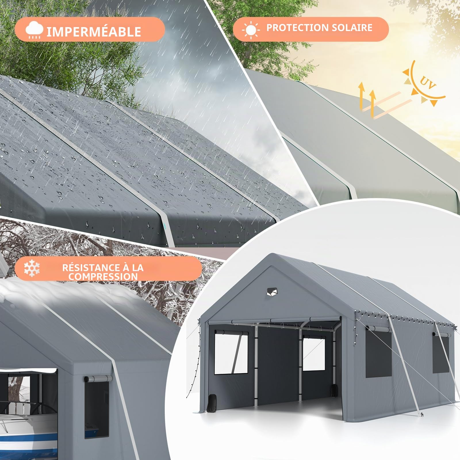 Carport Tente de garage extra large résistante à l'hiver 3,6 x 6 m avec fenêtre enroulable pour voiture, SUV, bateaux et camions – Parois latérales et toit amovibles
