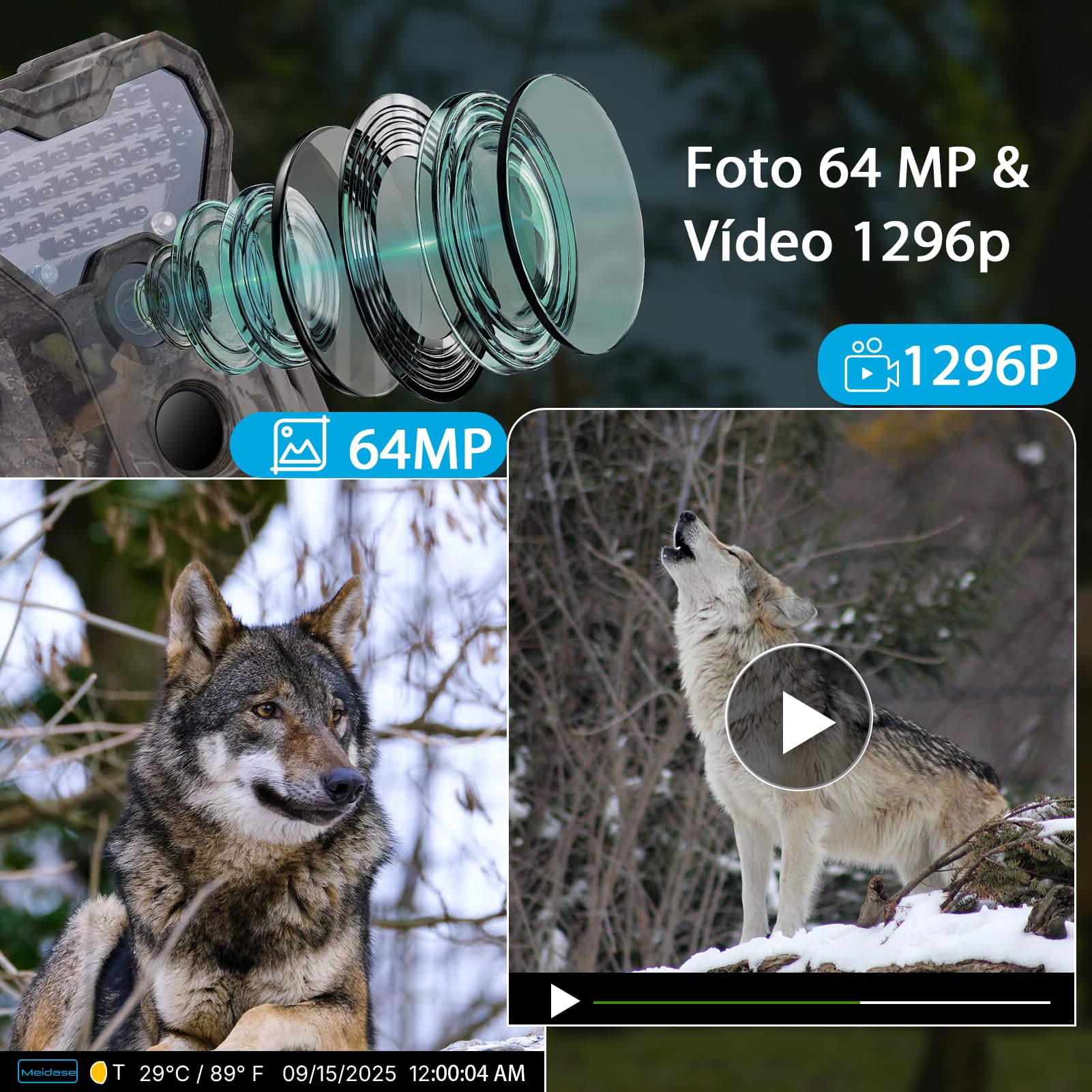 Meidase P300 Cámara de Caza, WiFi Bluetooth 50m Alcance de Conexión, Doble Antena, 64mp 1296p, Visión Nocturna, Activación Movimiento, Ip66 Impermeable, Transferencia App, Monitoreo Exterior