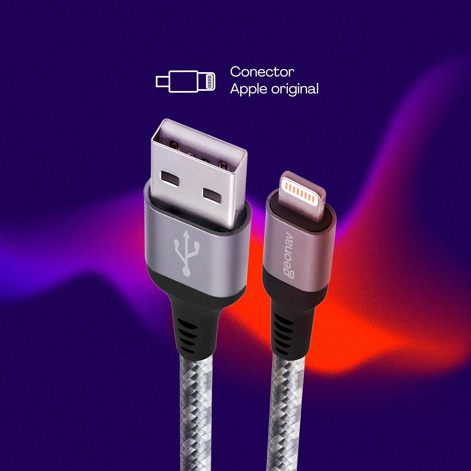Geonav Cabo iPhone, iPad, iPod Lightning conector original Mfi Apple, nylon trançado, 1.5MT, LIGHT10, Titanium