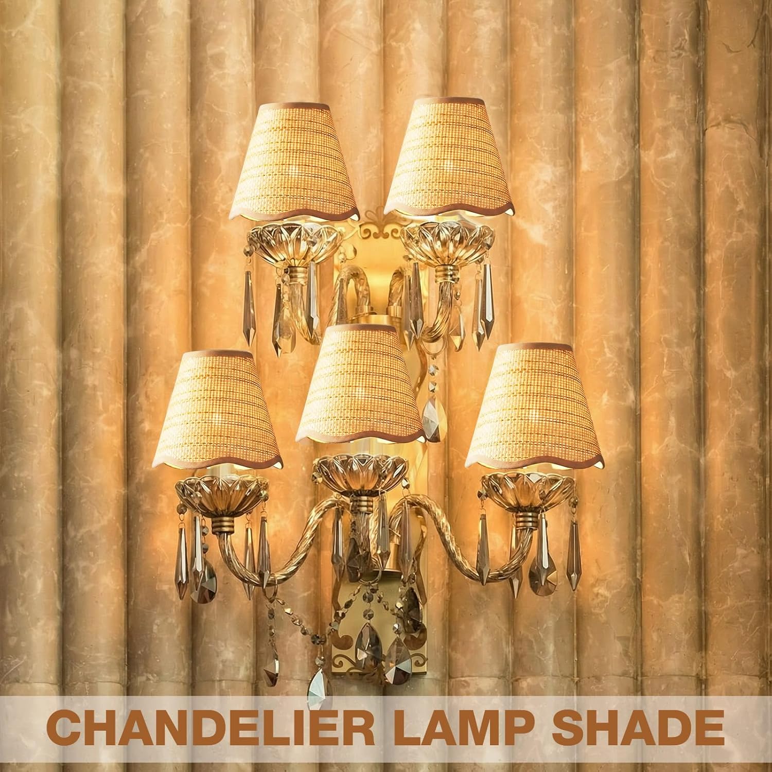 Glooglitter Small Clip-on Chandelier Rattan Lamps Set Shade Scalloped Lampshade 3"top x 6"bottom x 5-1/4"slant Height Empire Lamp Shade Chandelier or Accent Lamp(Woven,Boho,2 Pcs)