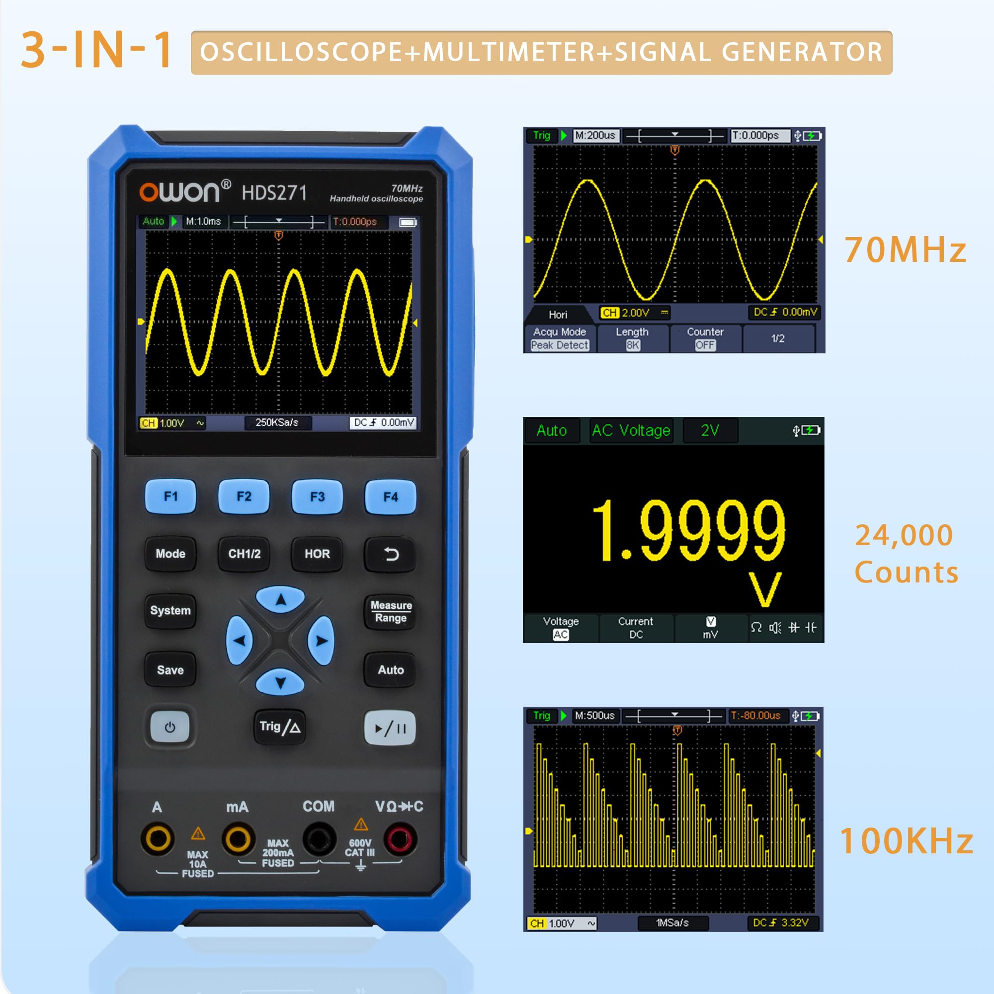 HDS271 OWON Oscilloscopio Multimetro, larghezza di banda 70 MHz, Oscilloscopio digitale, misuratore multimetro 3 in 1 con generatore di segnale 100 kHz