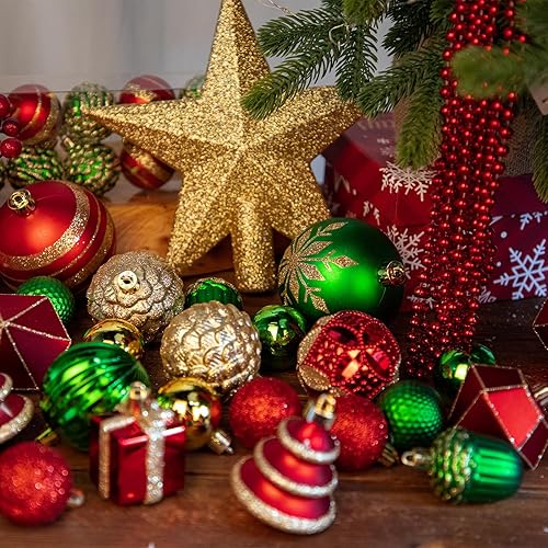 Miniatura 4 de Juego de 75 adornos navideños rojos y verdes - Kit de bolas inastillables para decoración de árbol de Navidad con estrella para coronar el árbol,