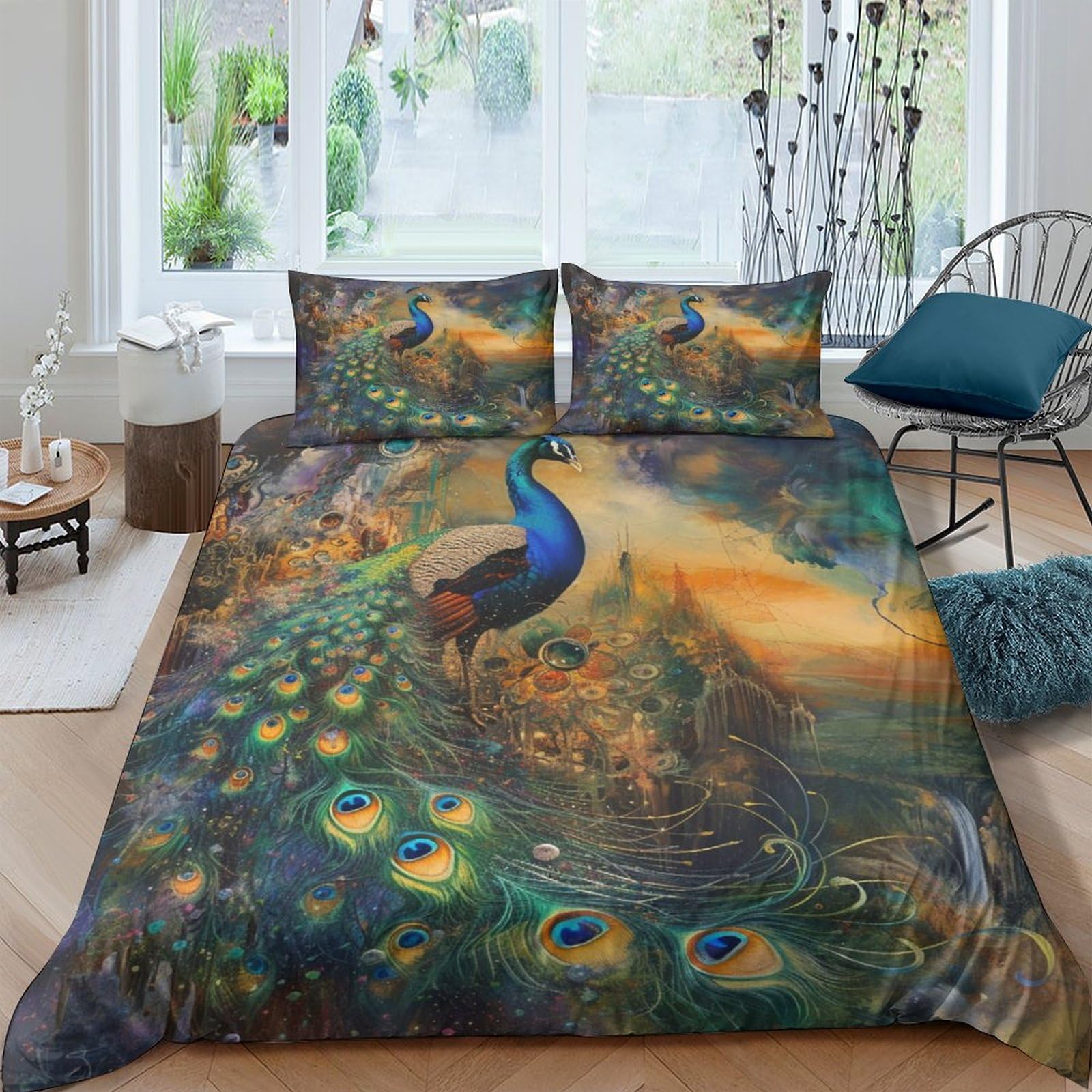NRAOPEVVD Peacock Duvet Cover Set with Pillowcase Duvet Quilt Cover 3D Bedding Set for Kids Boys Girls Teens Microfiber Comforter Cover Hidden Zipper King（220x240cm）