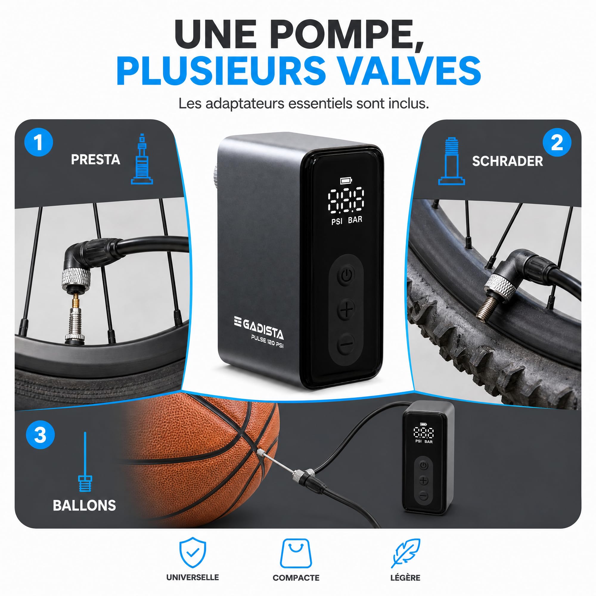 GADISTA Mini Pompe à Vélo Électrique 120 PSI - Gonfleur Électrique Portable sans Fil, Écran Numérique PSI/Bar, Arrêt Automatique, Valves Presta & Schrader + Ballons, USB-C, 143 g