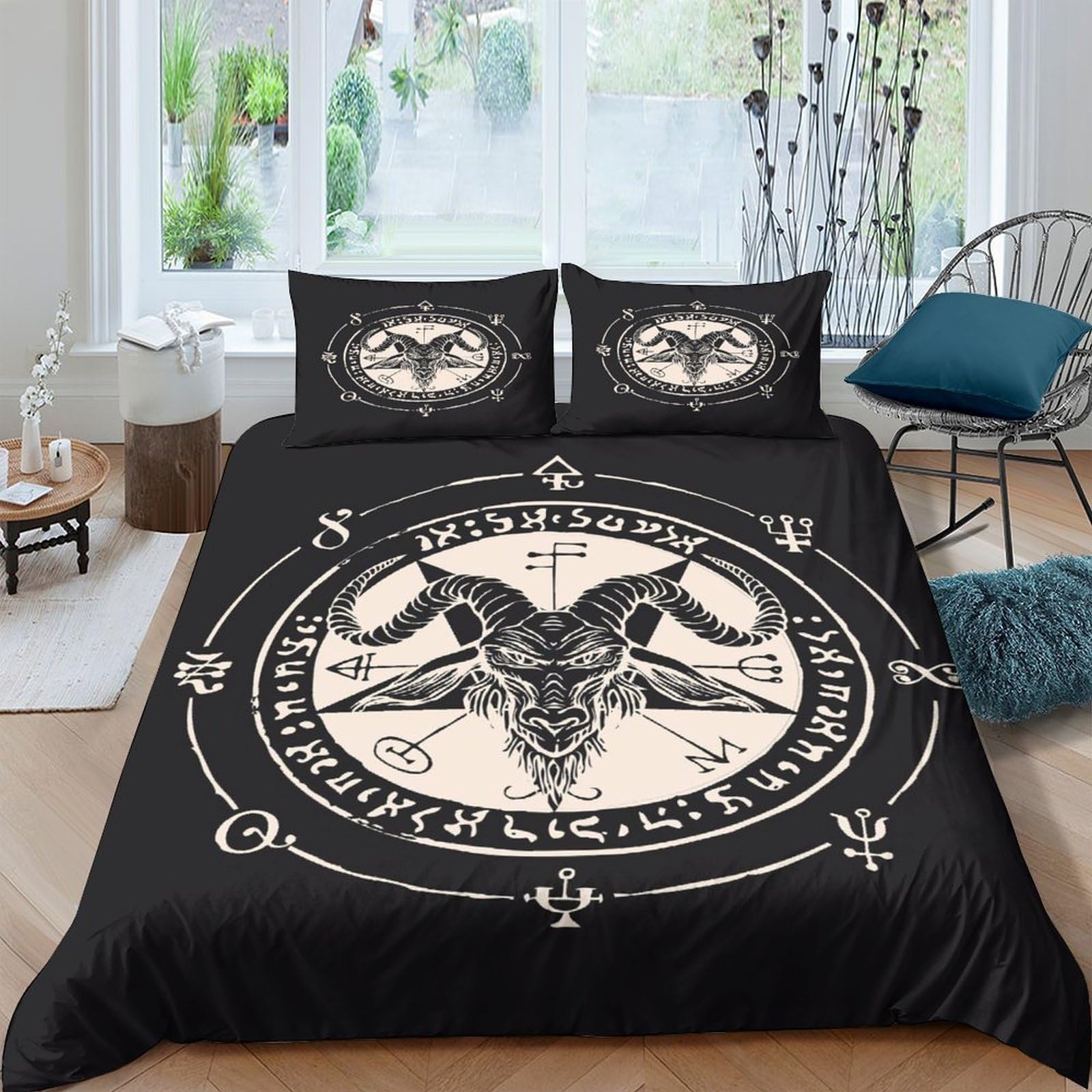 Ctjqhvkz Style-9 3D Printed Gothic Goat Skull Fitted Sheet Microfiber Black Occult Symbol Mattress Cover Anti-Slip Bedroom Decor Single（135X200cm）