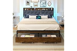 Queen Bed Frame with Headboard Storage and LED Light