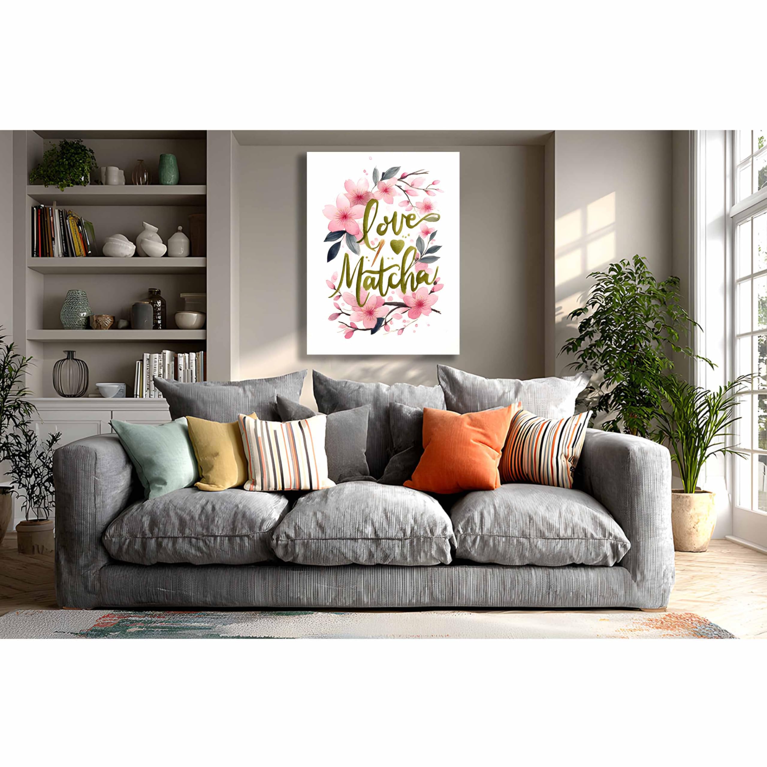 Kunstbruder Leinwand‑Kunstdruck Love & Matcha – Rosa Blüten mit Olivgrün, 70x100 cm in für moderne Wohnräume und Praxis, hochwertige Leinwand auf Holzrahmen