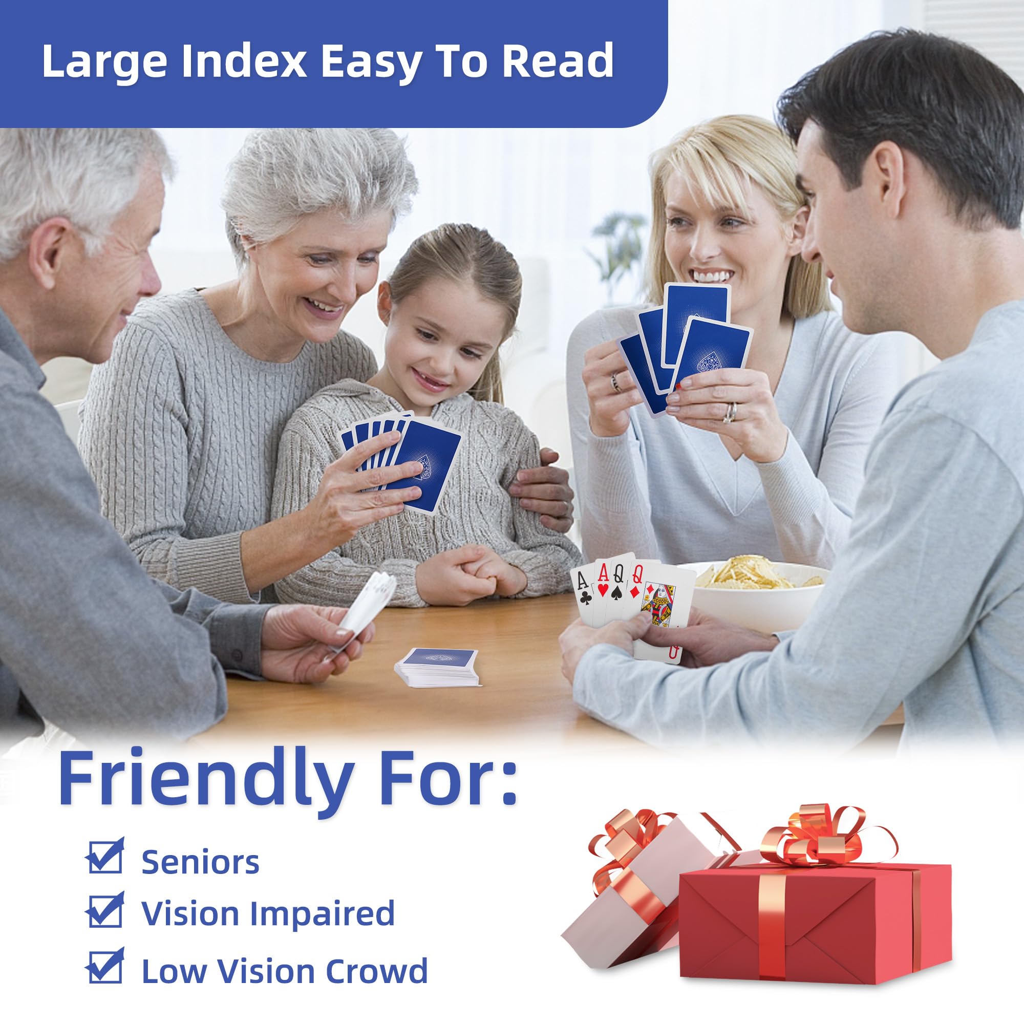 Fanwer Lot de 6 cartes à jouer à grand imprimé, cartes de poker pour personnes âgées, malvoyantes, foule de basse vision, pour Blackjack, Euchre, Canasta, Index Jumbo