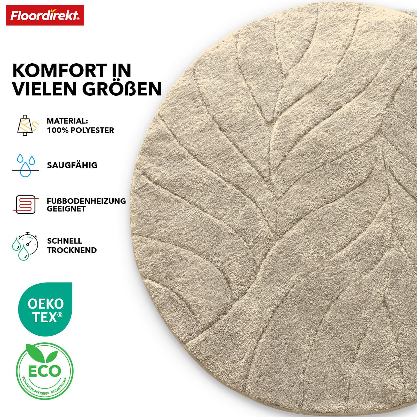 Floordirekt Tappeto da bagno – extra soffice e ad asciugatura rapida – Tappetino da bagno con retro antiscivolo – Tappetino da bagno (Maris) (avorio, rotondo, 120 cm)