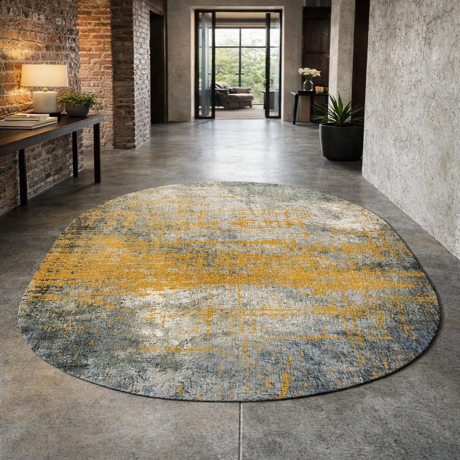 Tapis ovale salon abstrait jaune gris 70x120cm antidérapant