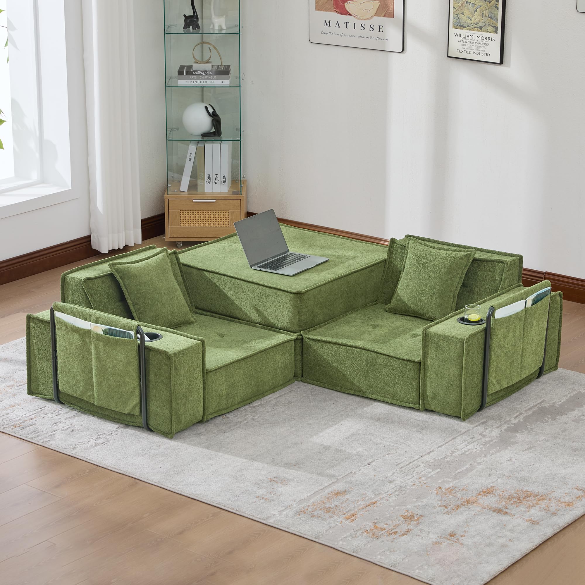 Divano letto a 2 posti, moderno, comodo, in tessuto, due cuscini, poggiapiedi con vano portaoggetti laterale e portabevande, elegante e decorativo, verde