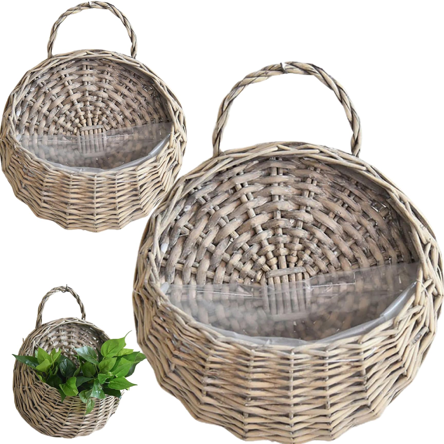 Wedhapy Hanging Basket Hanging Planter 2Pcs Natrual Rattan Planter Vintage Wall Basket Storage Plant Rattan Wall Flower Pot for Home Plants, Grey