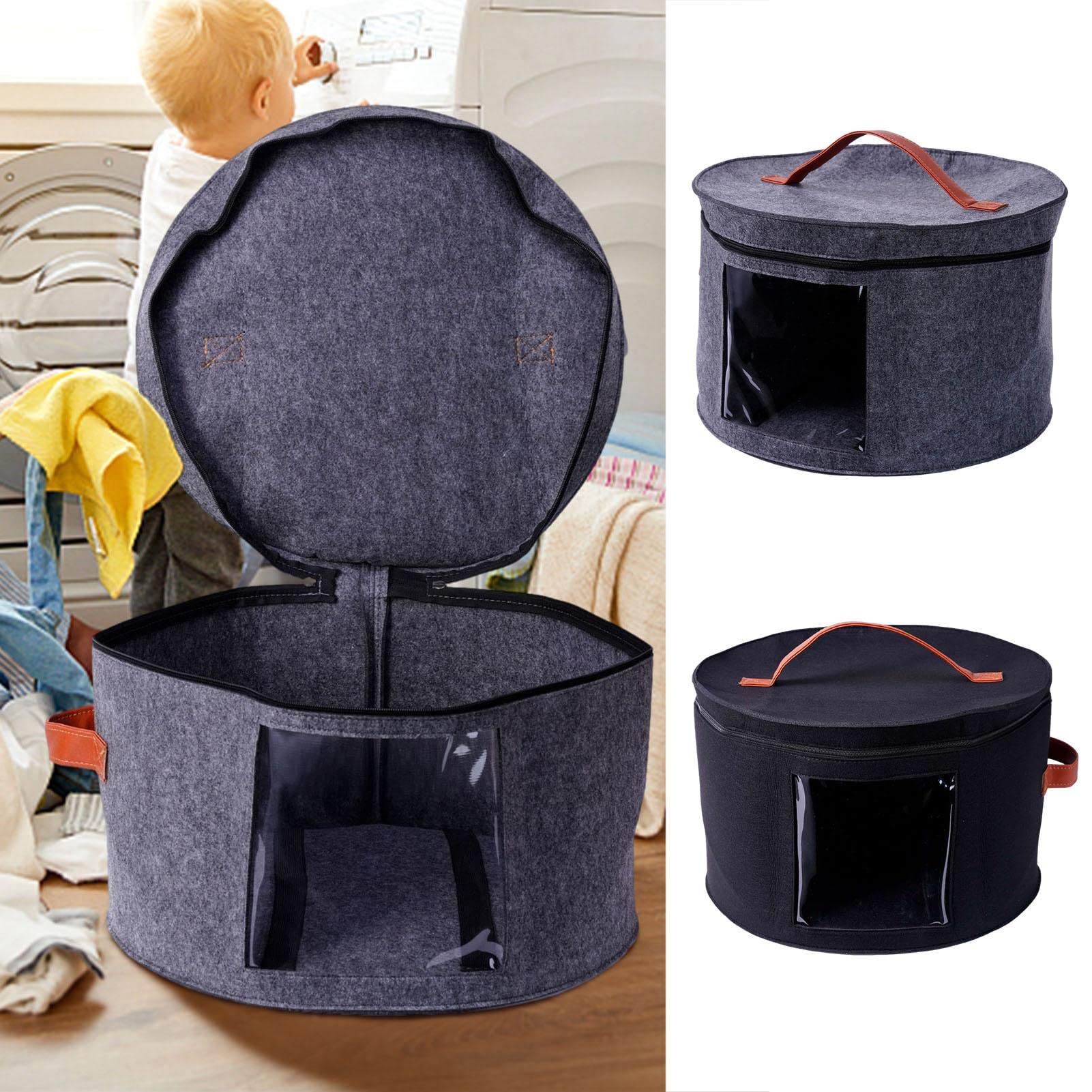 2 cajas redondas con tapa, gran maletín, pop up sombrero, caja de almacenamiento, organizador redondo transparente, organizador de armario decorativo, 43 cm, gris y negro