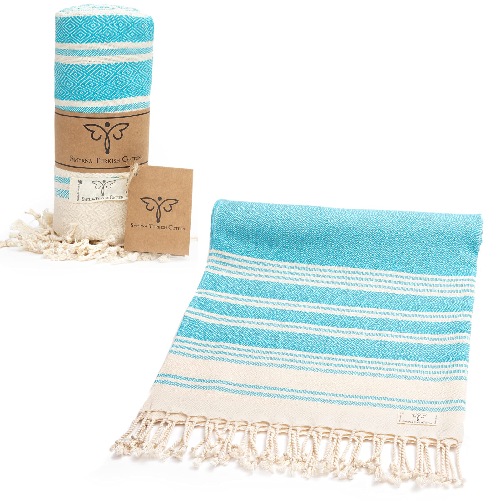 Smyrna Mediterranean Series Original Turkish Beach Towel | 100% Cotton, Prewashed, 37 x 71 Inches | Peshtemal and Turkish Bath Towel for SPA, Beach, Pool, Gym and Bathroom (Turquoise)