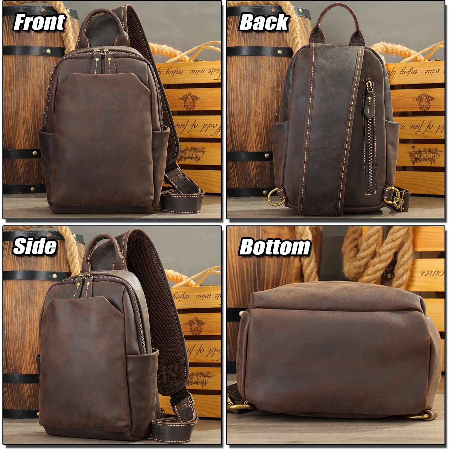 Zaino Monospalla Classico Uomo in Vera Pelle, Borsa a Tracolla Casual da Viaggio, Zainetto a Spalla da Uomo, Borse da Petto Vintage per Tablet da 10,5 Pollici