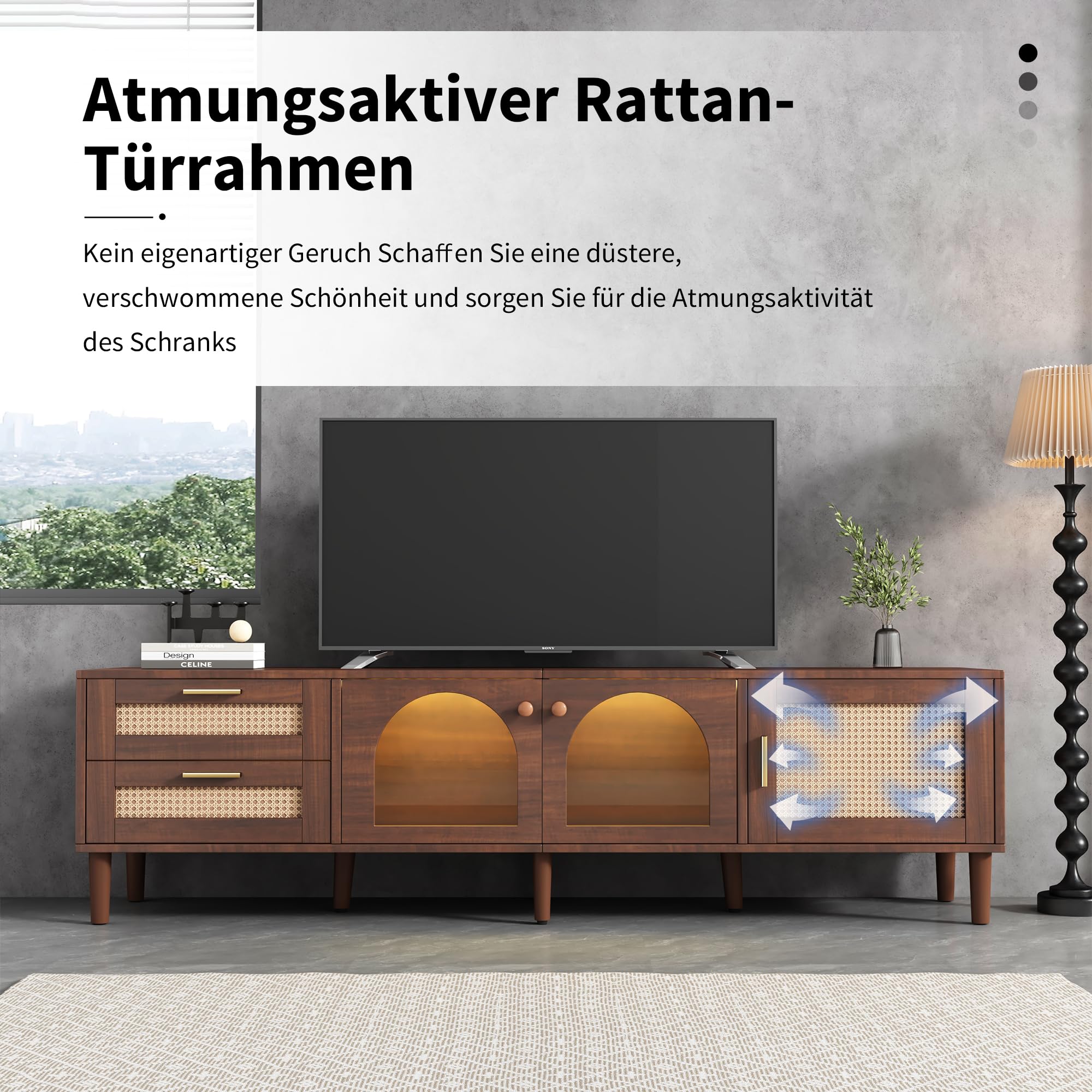 TV-Schrank, Fernsehtisch mit LED, 180 cm TV Lowboard mit Rattan Schubladen und Tür, Modern TV Board, TV-Regal mit Glastüren für Fernseher bis zu 80 Zoll, für Wohnzimmer und Esszimmer