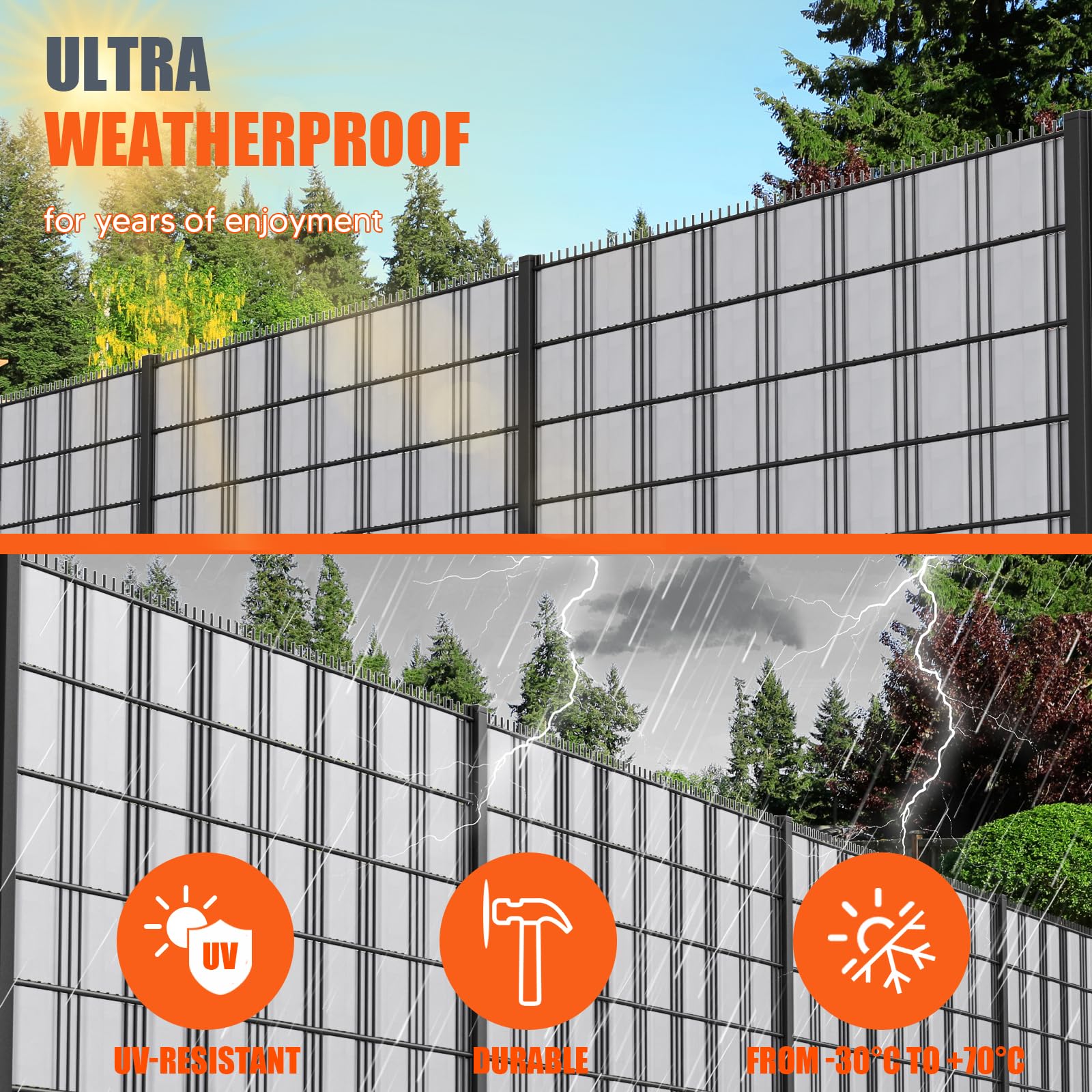 VELPAX 4 x Telo Frangivista Recinzione in PVC,450g/m² 35m x 19cm,Schermo per la Privacy della Recinzione,con Strisce di Fissaggio, Esterno Balcone,Grigio Chiaro