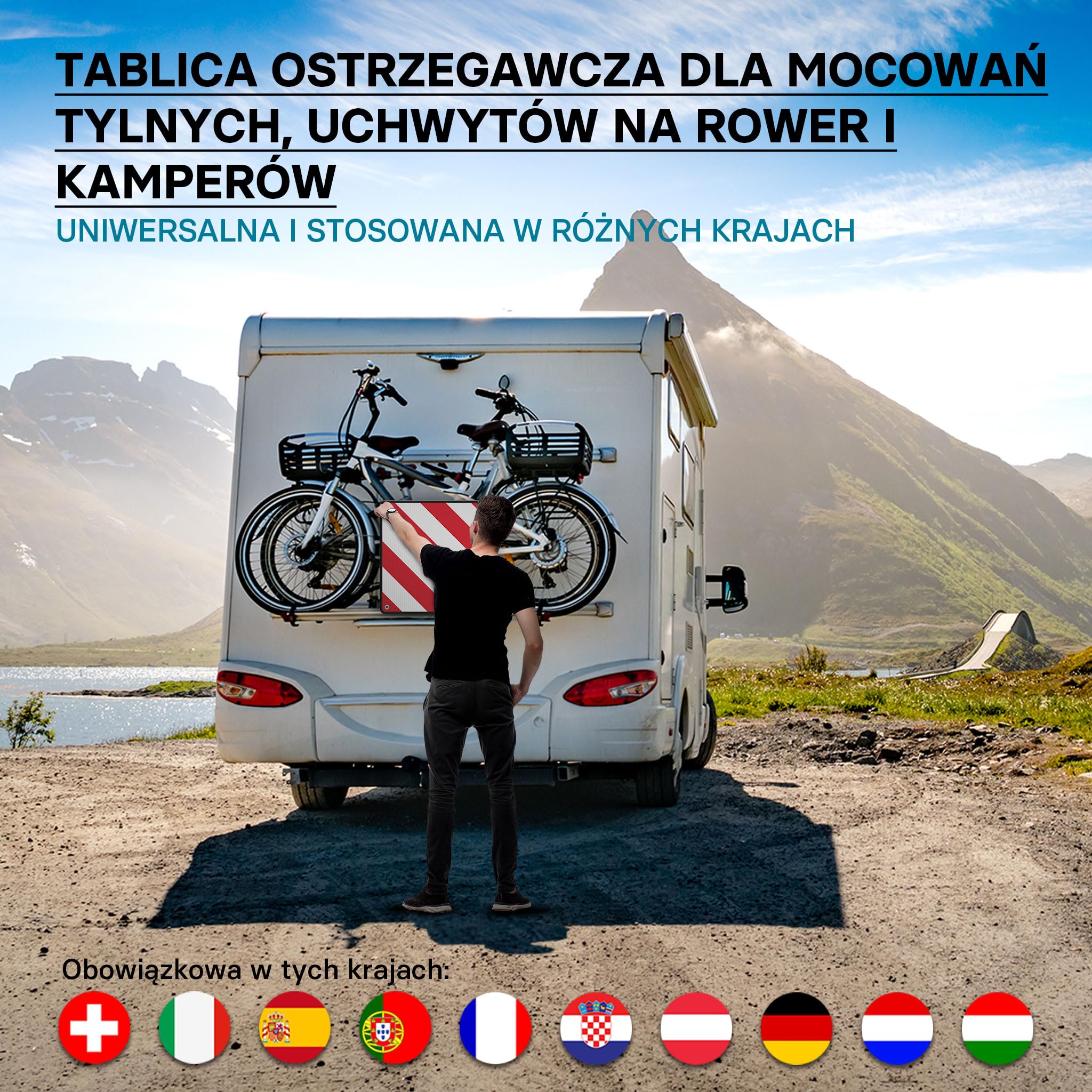 Tablica odblaskowa 2w1 dla Hiszpanii i Włoch aluminiowa 50x50cm czerwono-biała na bagażnik/rower