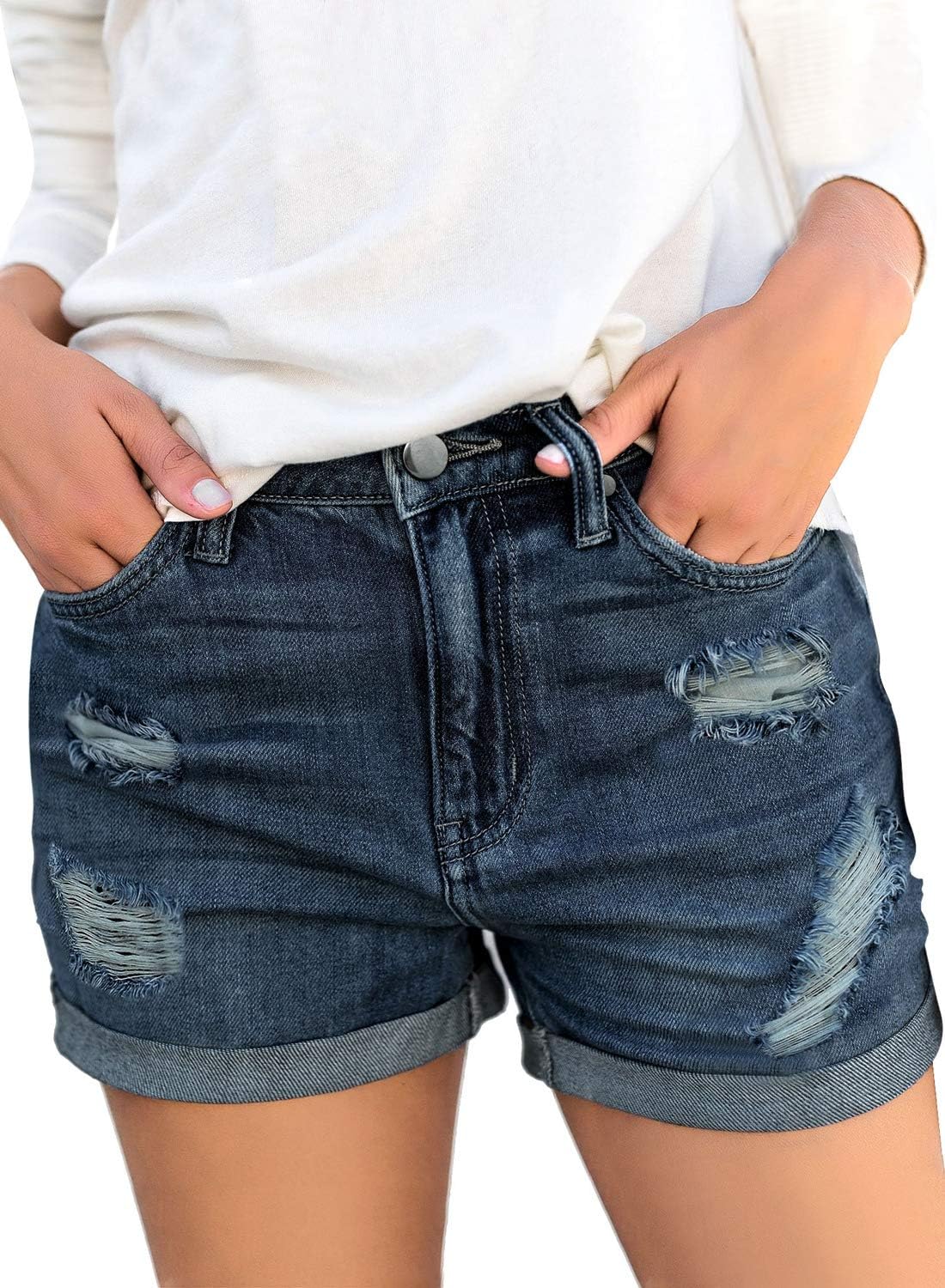 luvamia Women's Ripped High Waisted Denim Shorts Stretchy Cuffed Hem Jean Shorts