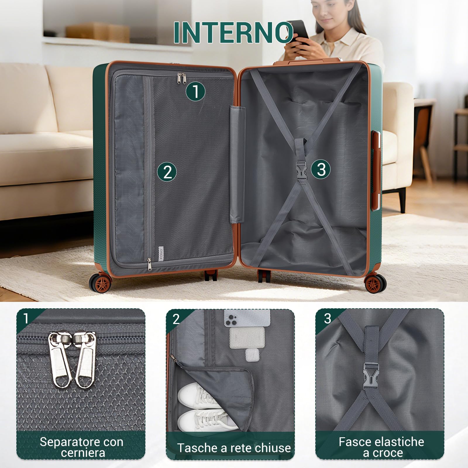 KONO Valigia Media Rigida in ABS+PC, Trolley Leggero con 4 Ruote Doppie 360° Silenziose, Serratura TSA, Effetto Sfumato (65 cm, Verde)