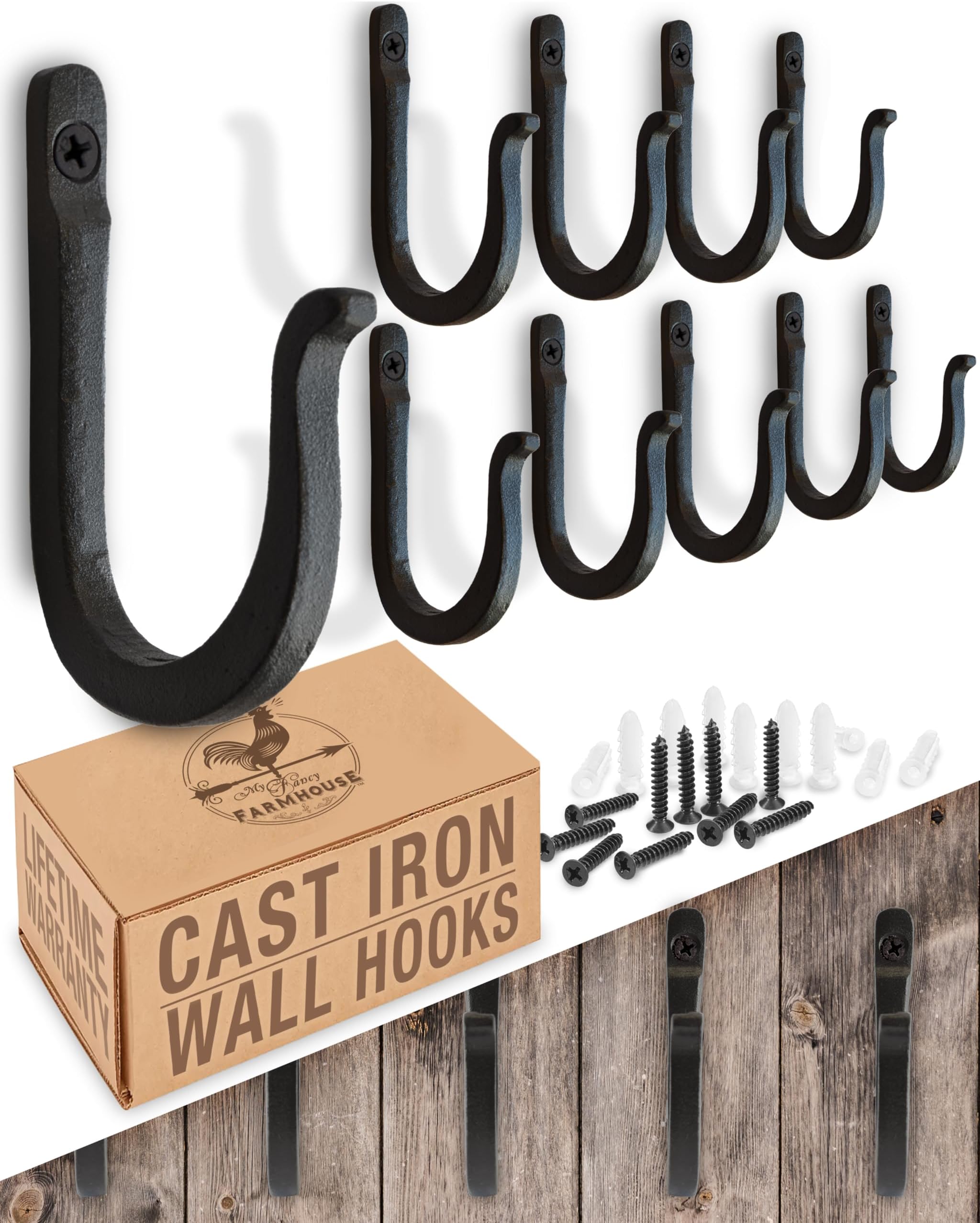 Railroad Spike Cast Iron Hooks (10 Pack) Handmade Blacksmith, Wall Mounted, Farmhouse Decorative