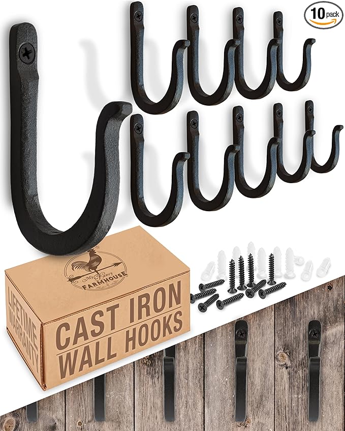 Railroad Spike Cast Iron Hooks (10 Pack) Handmade Blacksmith, Wall Mounted Farmhouse Decorative Hooks, PowderCoated for Interior or Exterior Use, Rust Proof for Hanging Coats, Bags or Pots (Black)